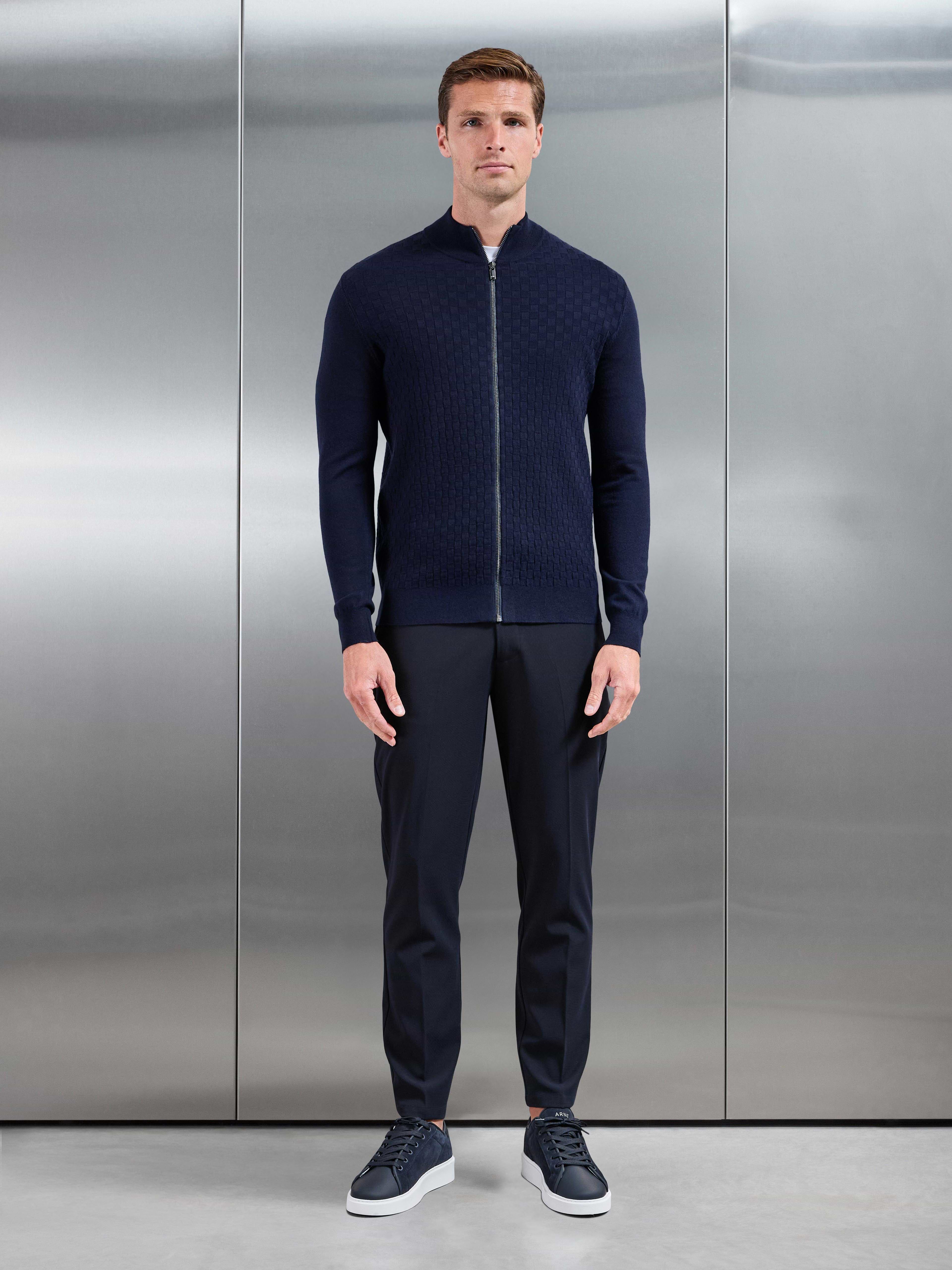 Square Textured Knitted Zip Jacket in Navy