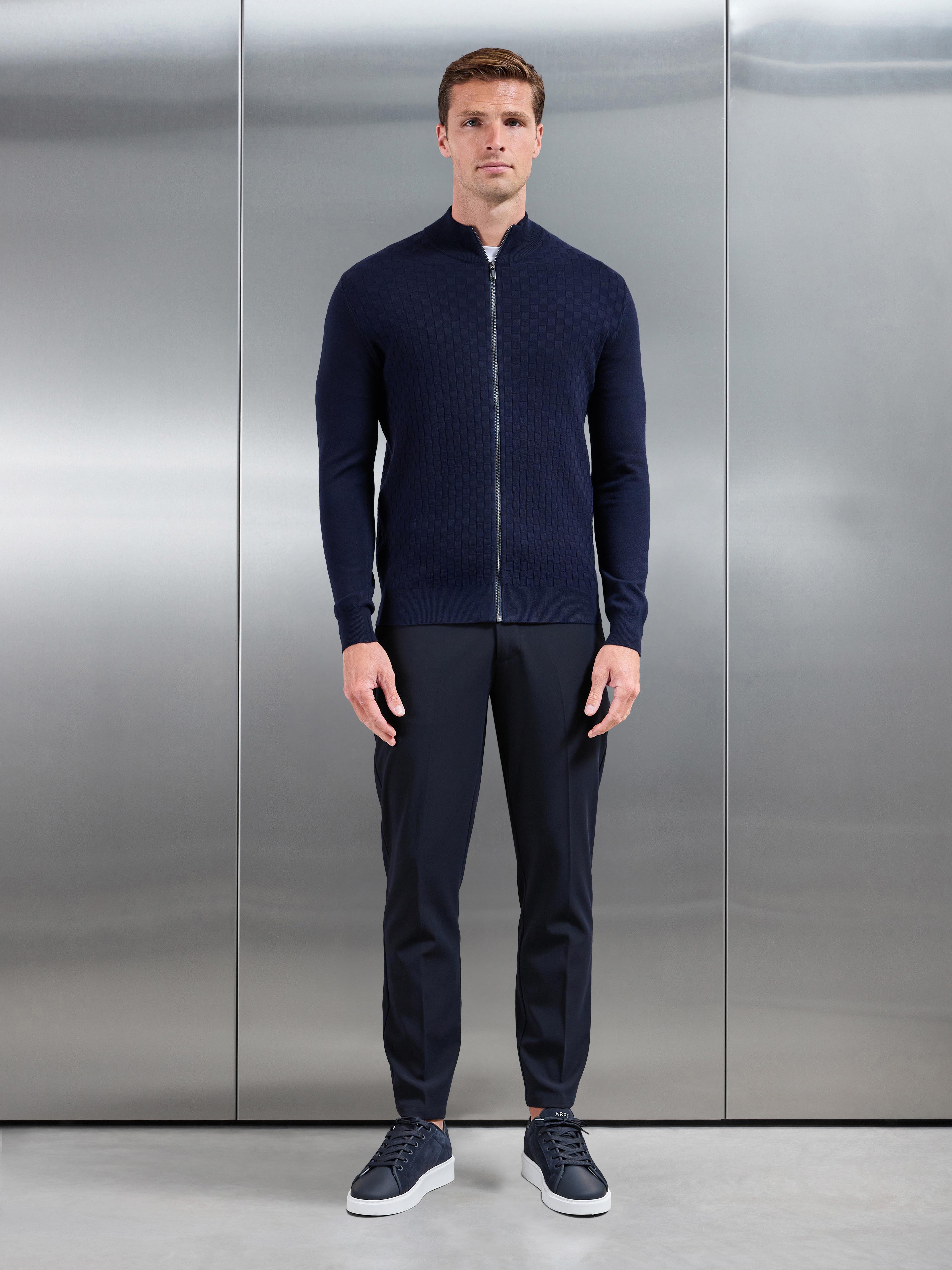 Square Textured Knitted Zip Jacket in Navy