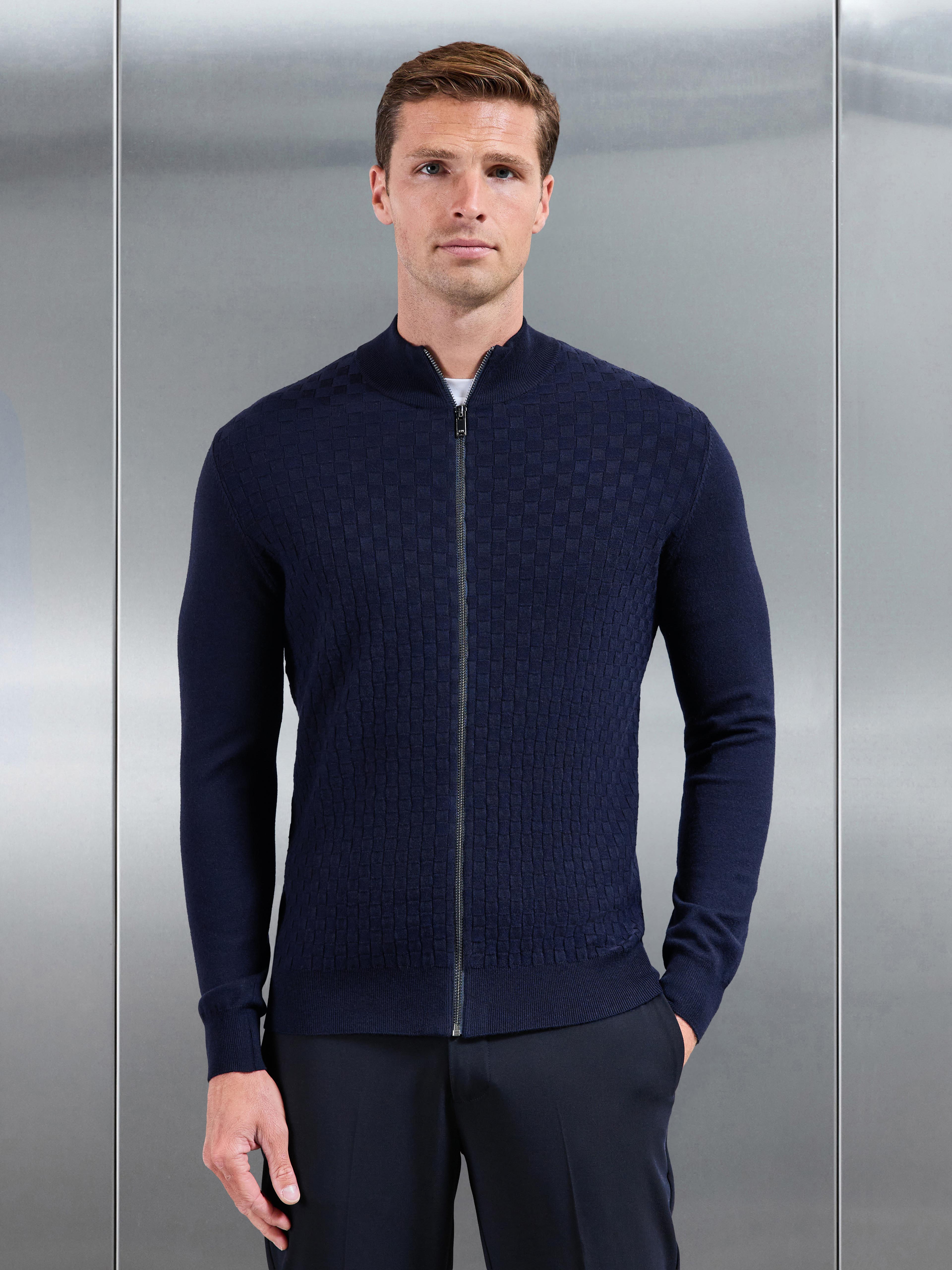 Square Textured Knitted Zip Jacket in Navy