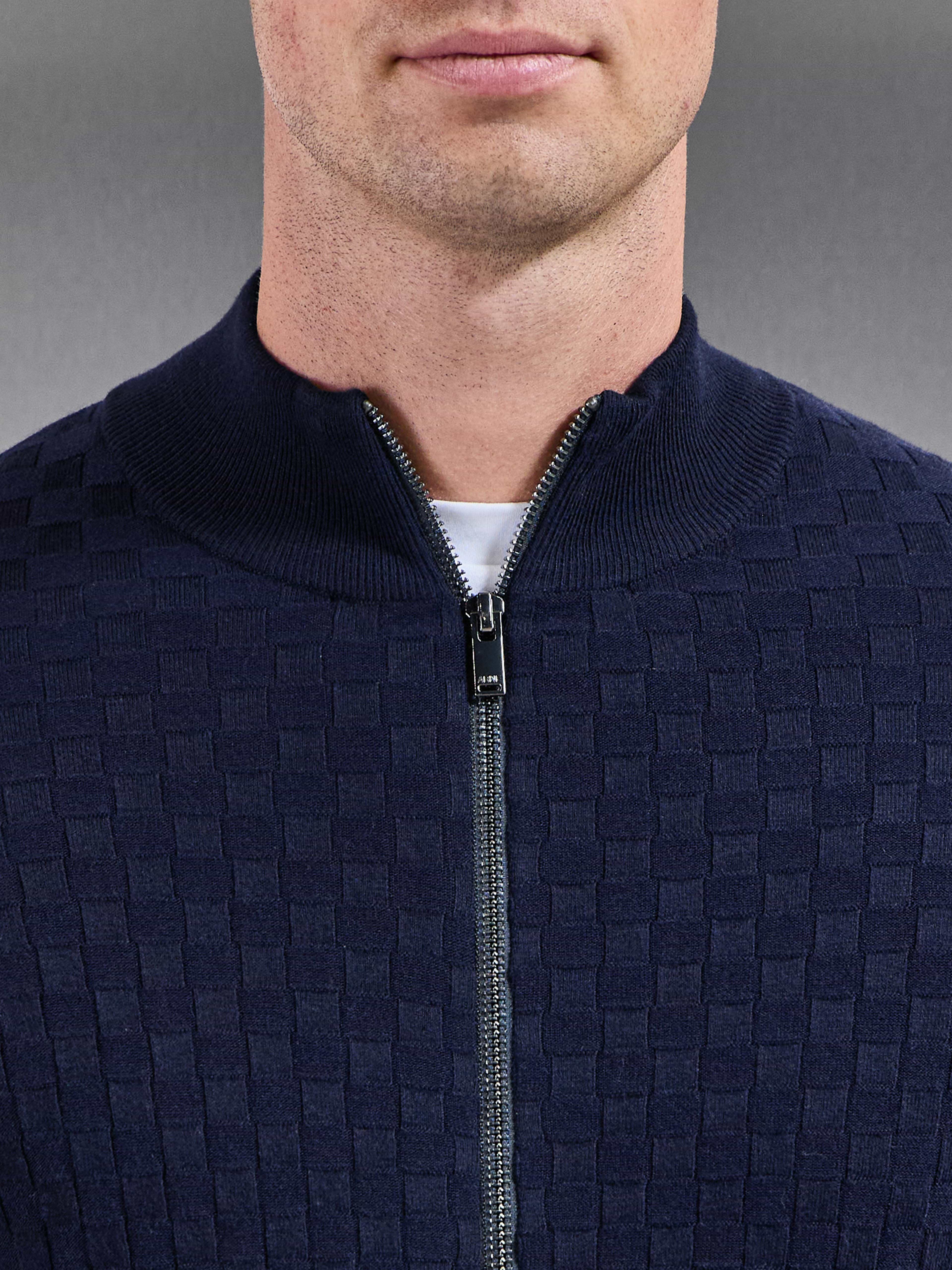 Square Textured Knitted Zip Jacket in Navy