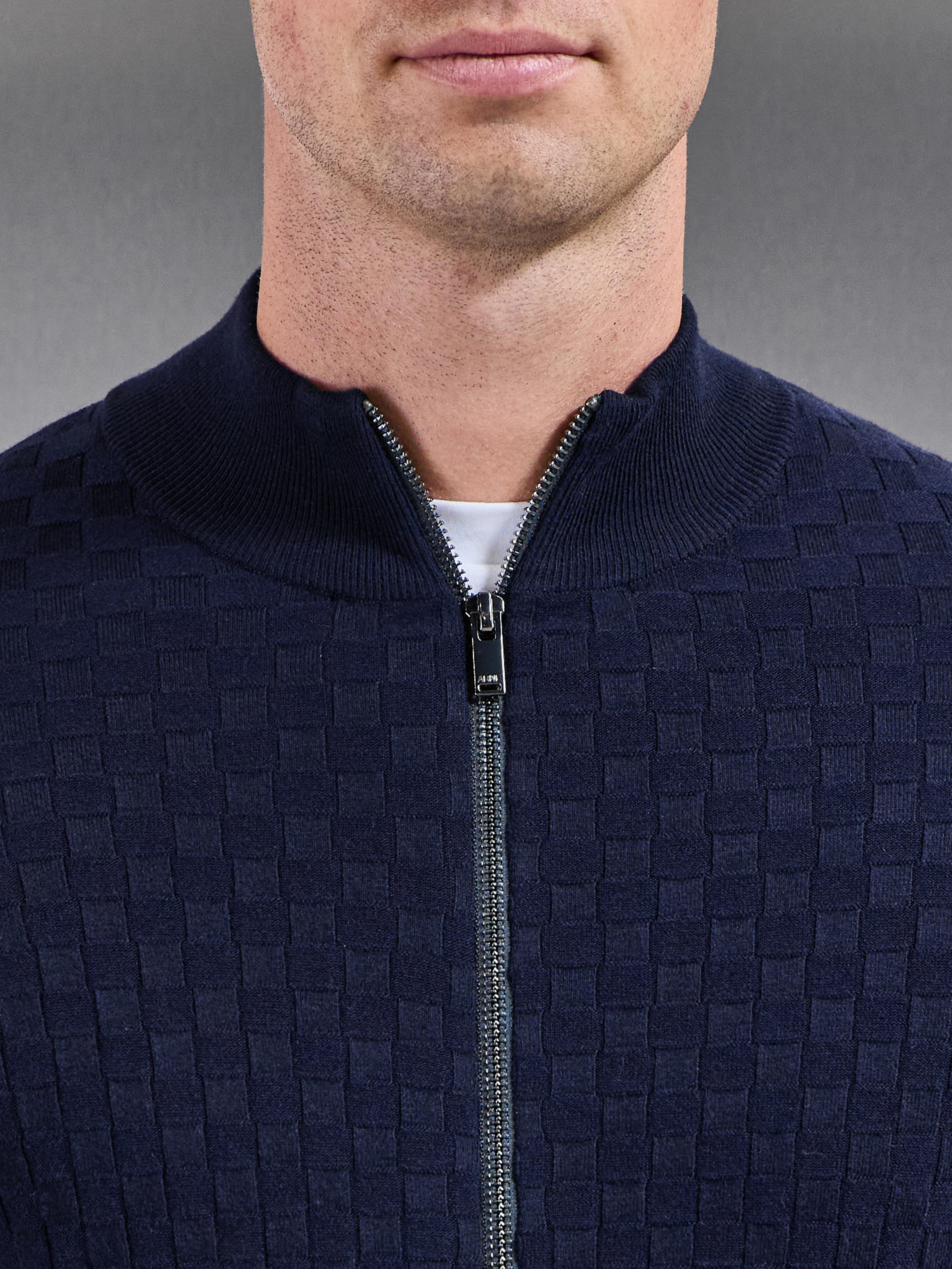 Square Textured Knitted Zip Jacket in Navy