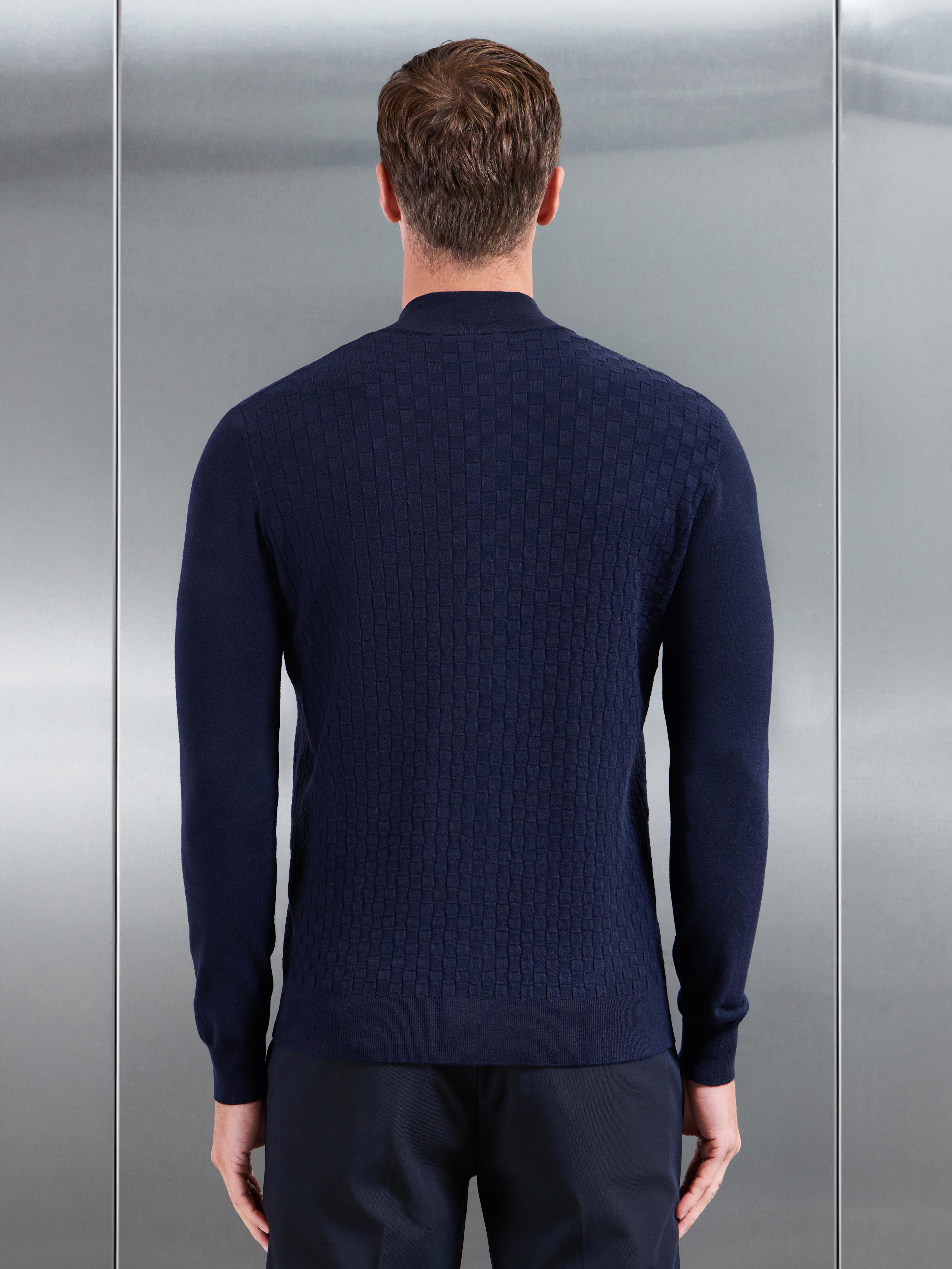 Square Textured Knitted Zip Jacket in Navy