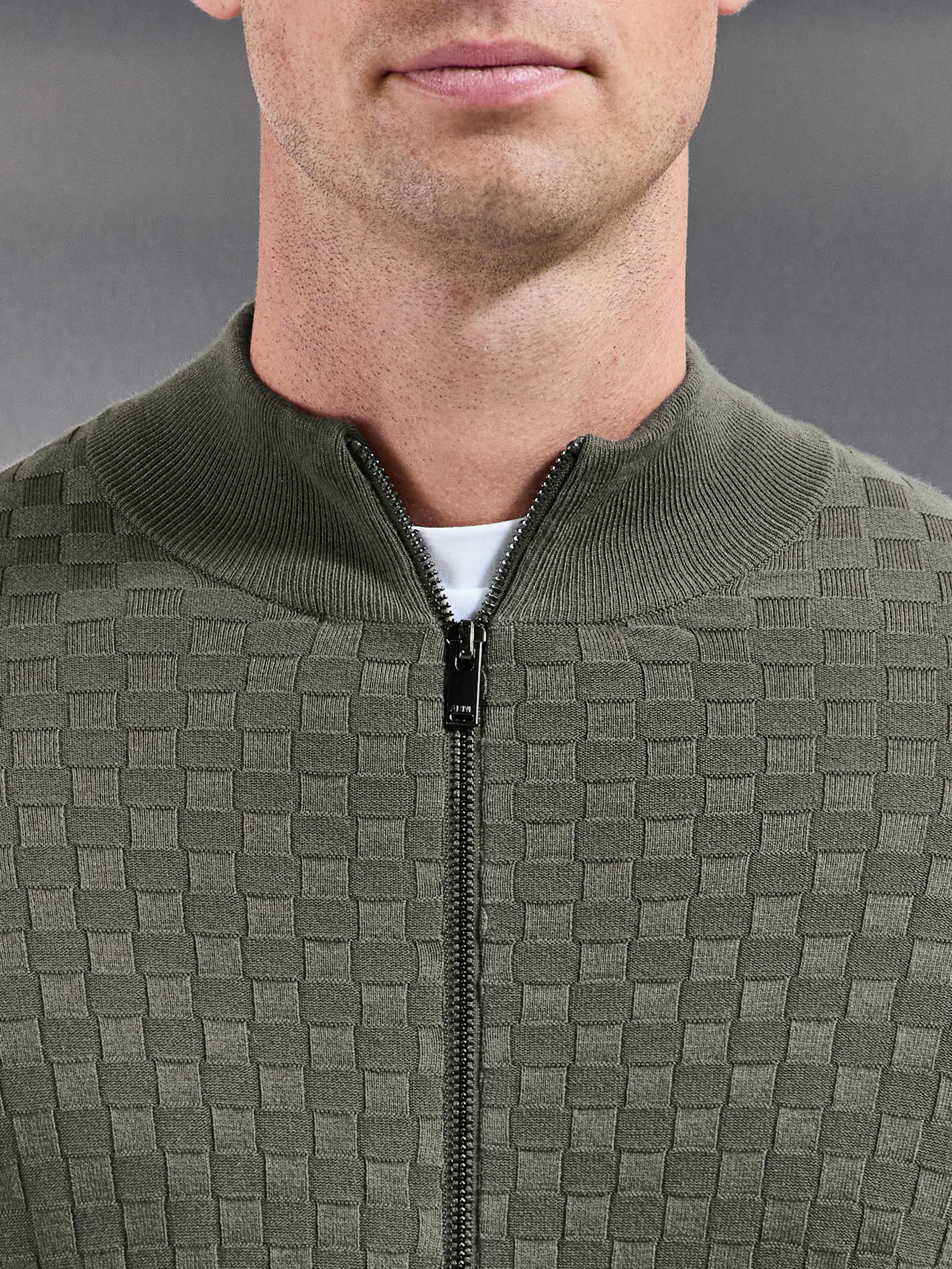 Square Textured Knitted Zip Jacket in Sage