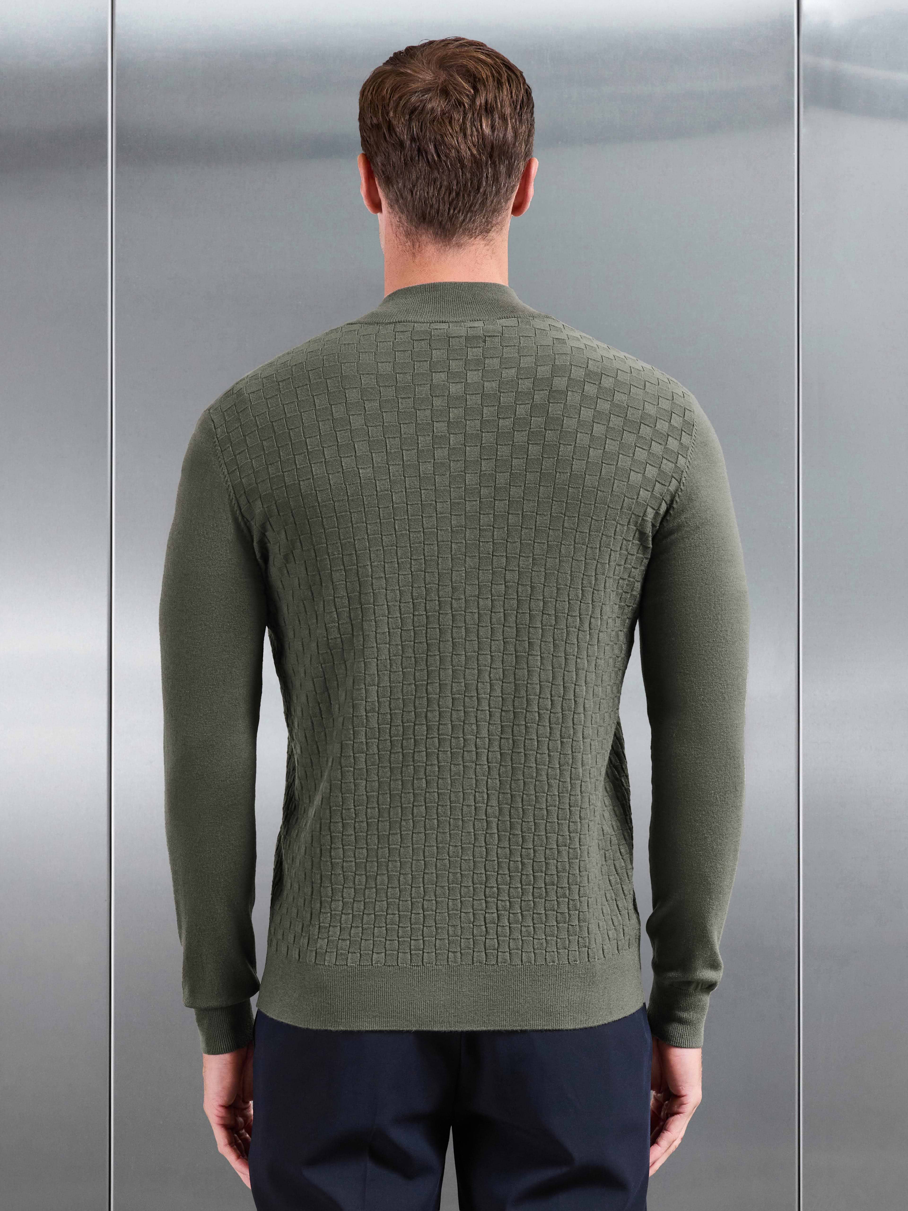 Square Textured Knitted Zip Jacket in Sage
