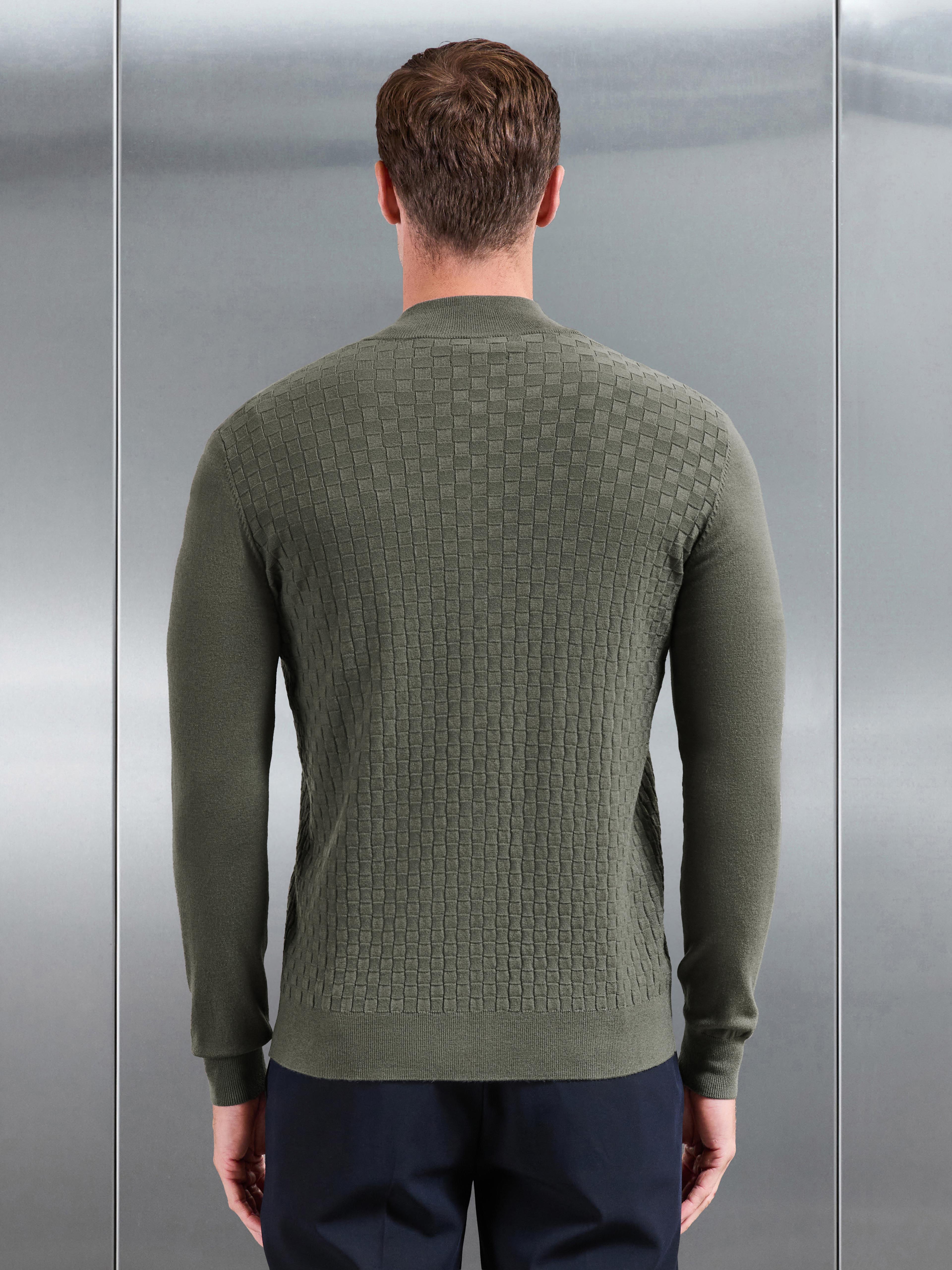 Square Textured Knitted Zip Jacket in Sage