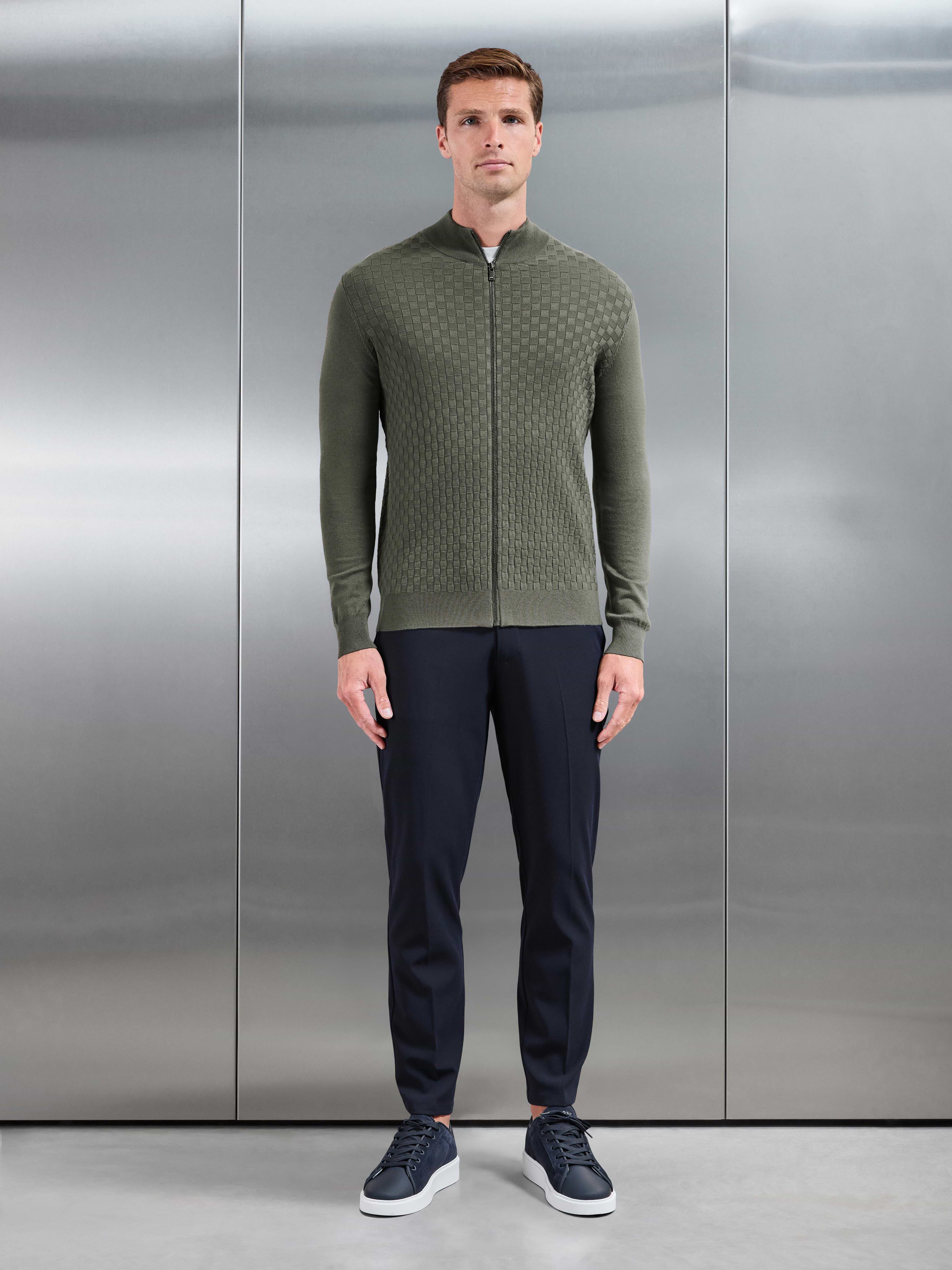 Square Textured Knitted Zip Jacket in Sage
