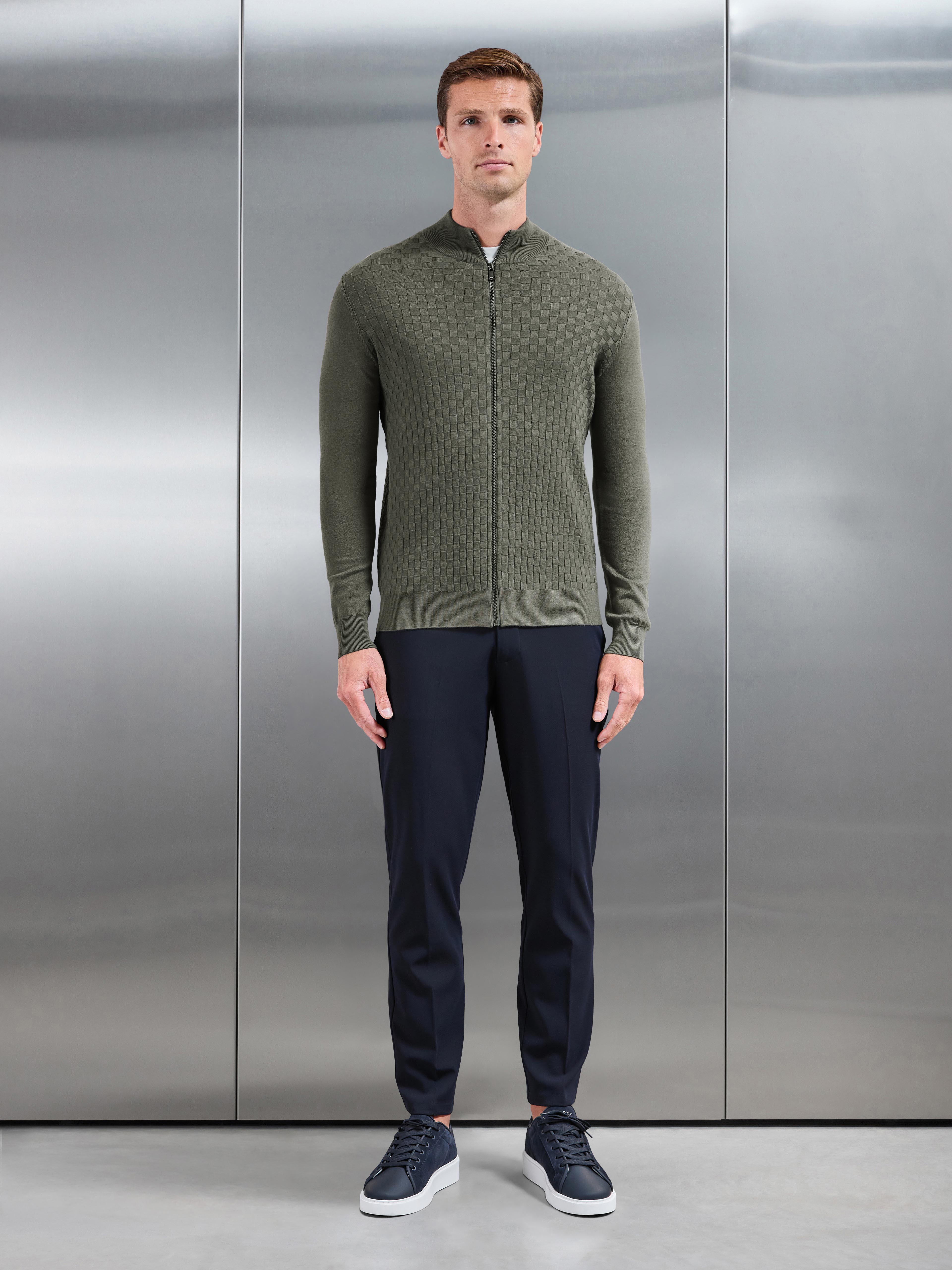 Square Textured Knitted Zip Jacket in Sage
