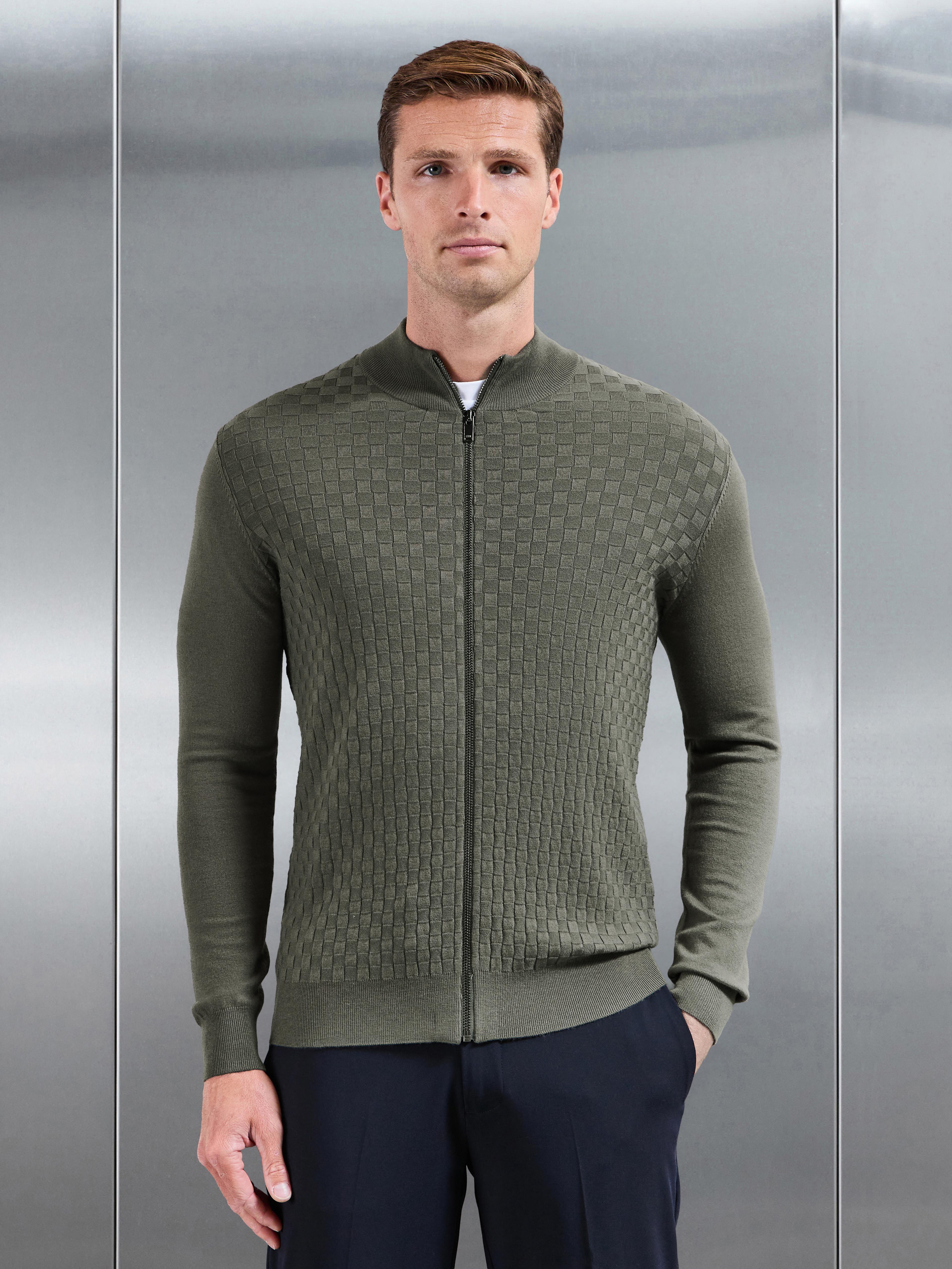 Square Textured Knitted Zip Jacket in Sage