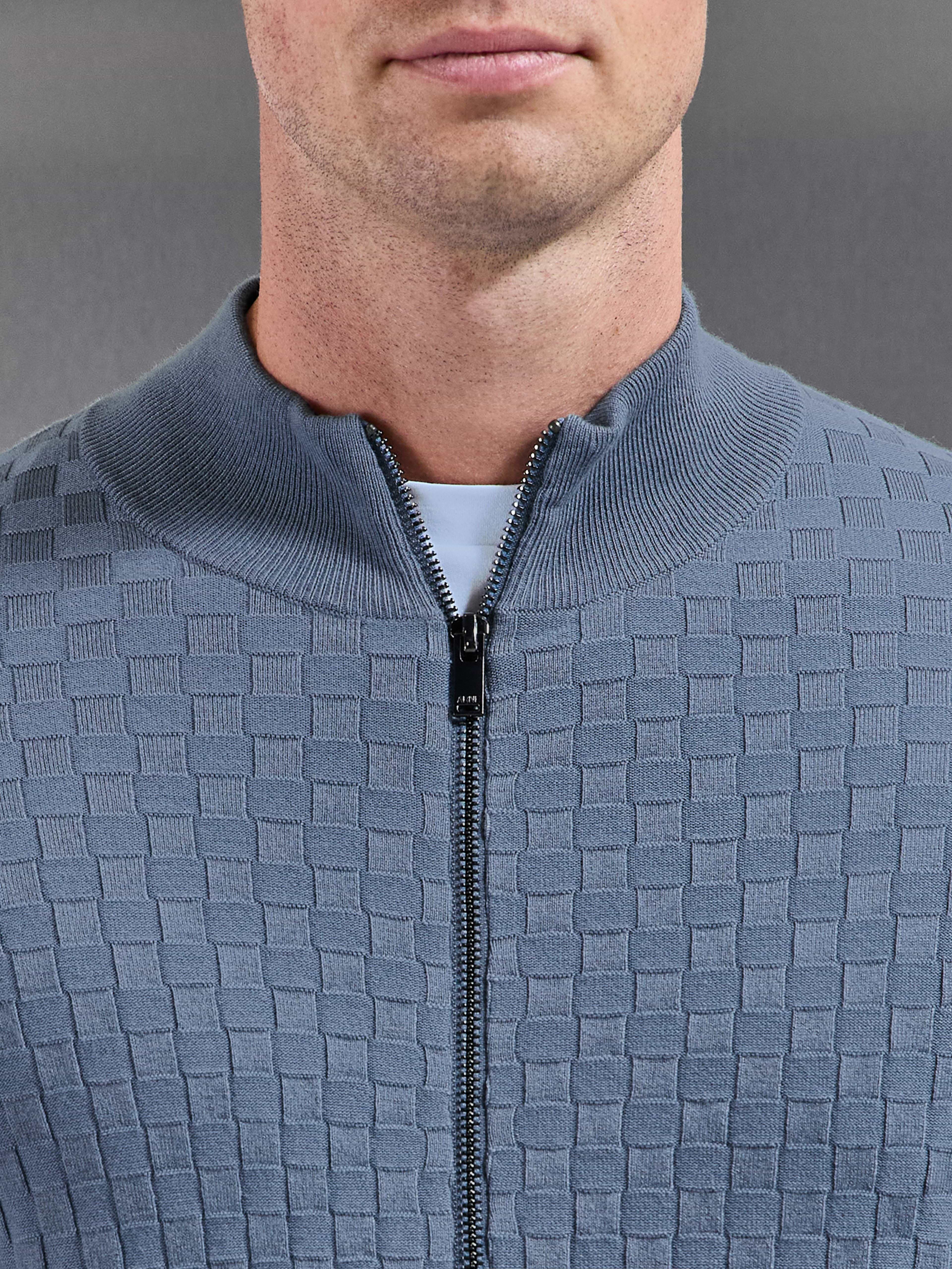 Square Textured Knitted Zip Jacket in Steel Blue