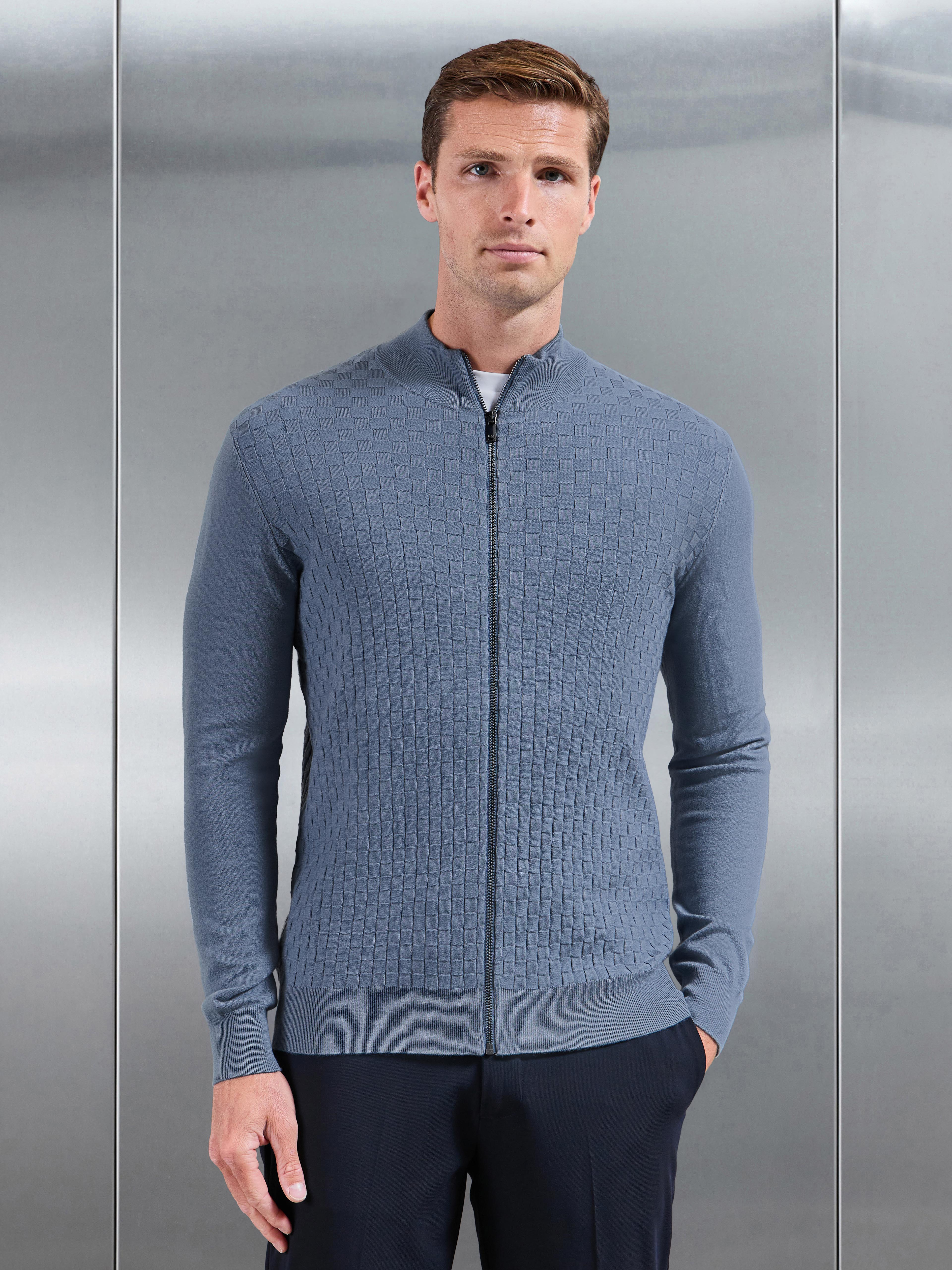 Square Textured Knitted Zip Jacket in Steel Blue