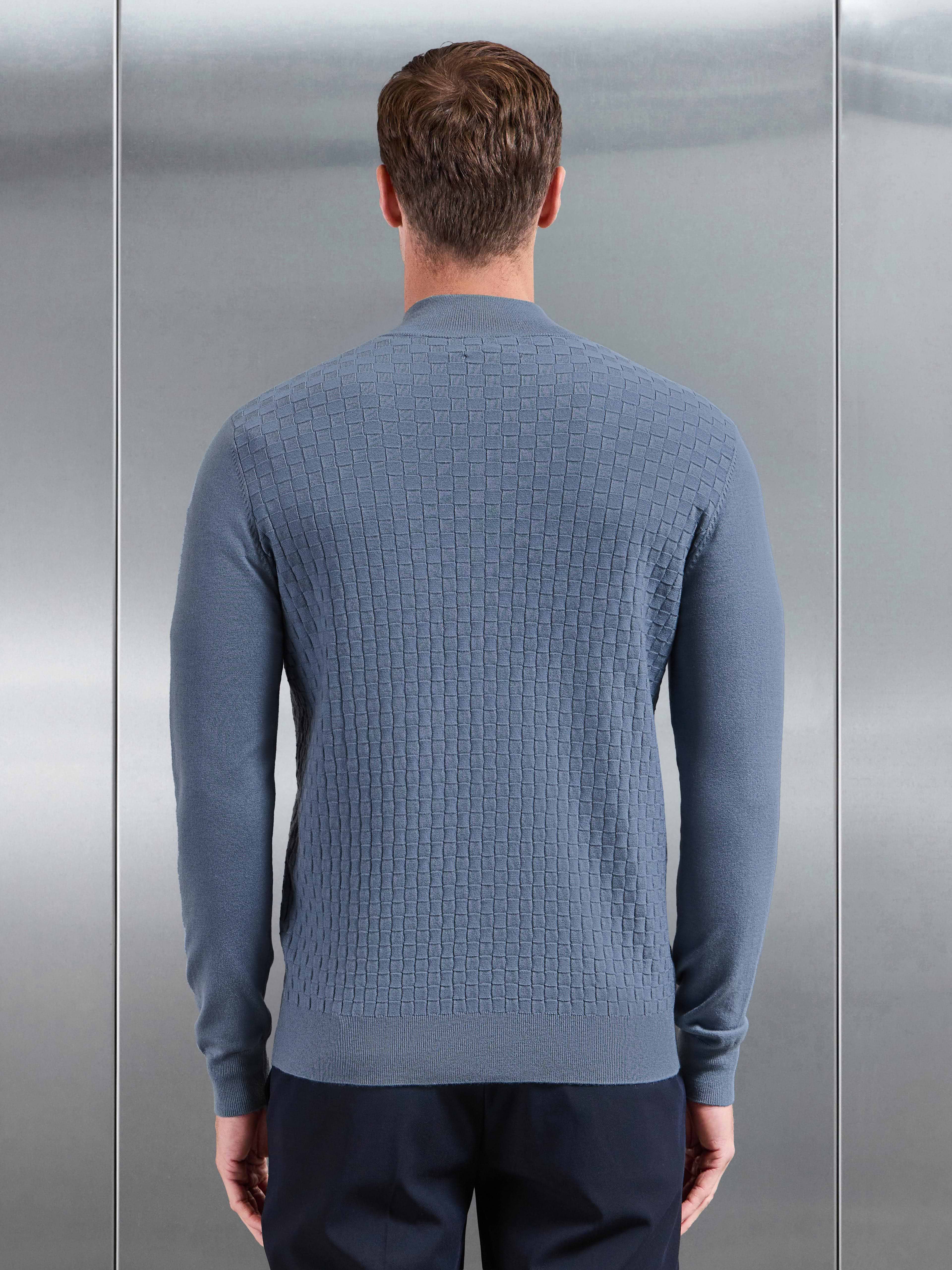 Square Textured Knitted Zip Jacket in Steel Blue