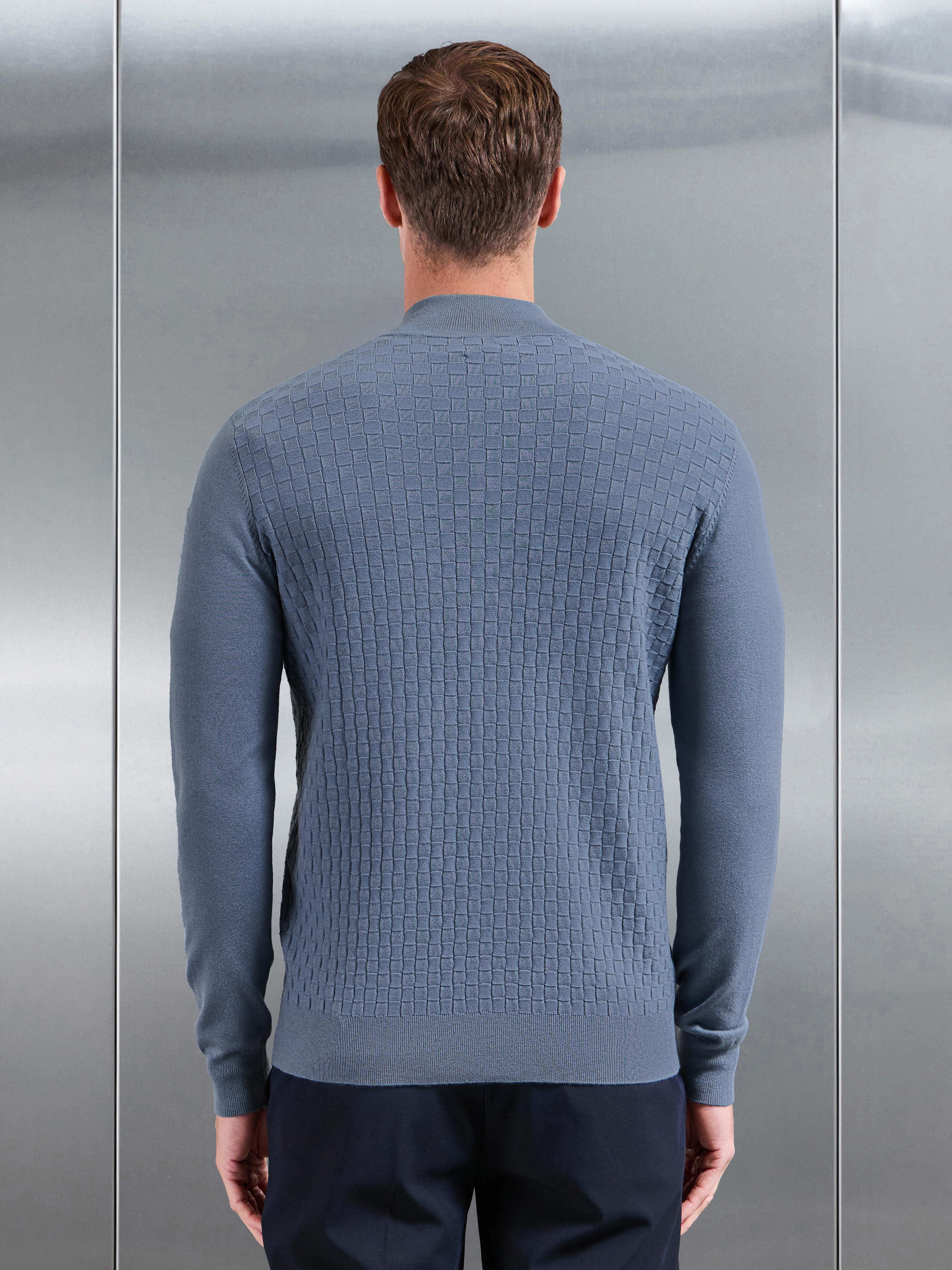 Square Textured Knitted Zip Jacket in Steel Blue