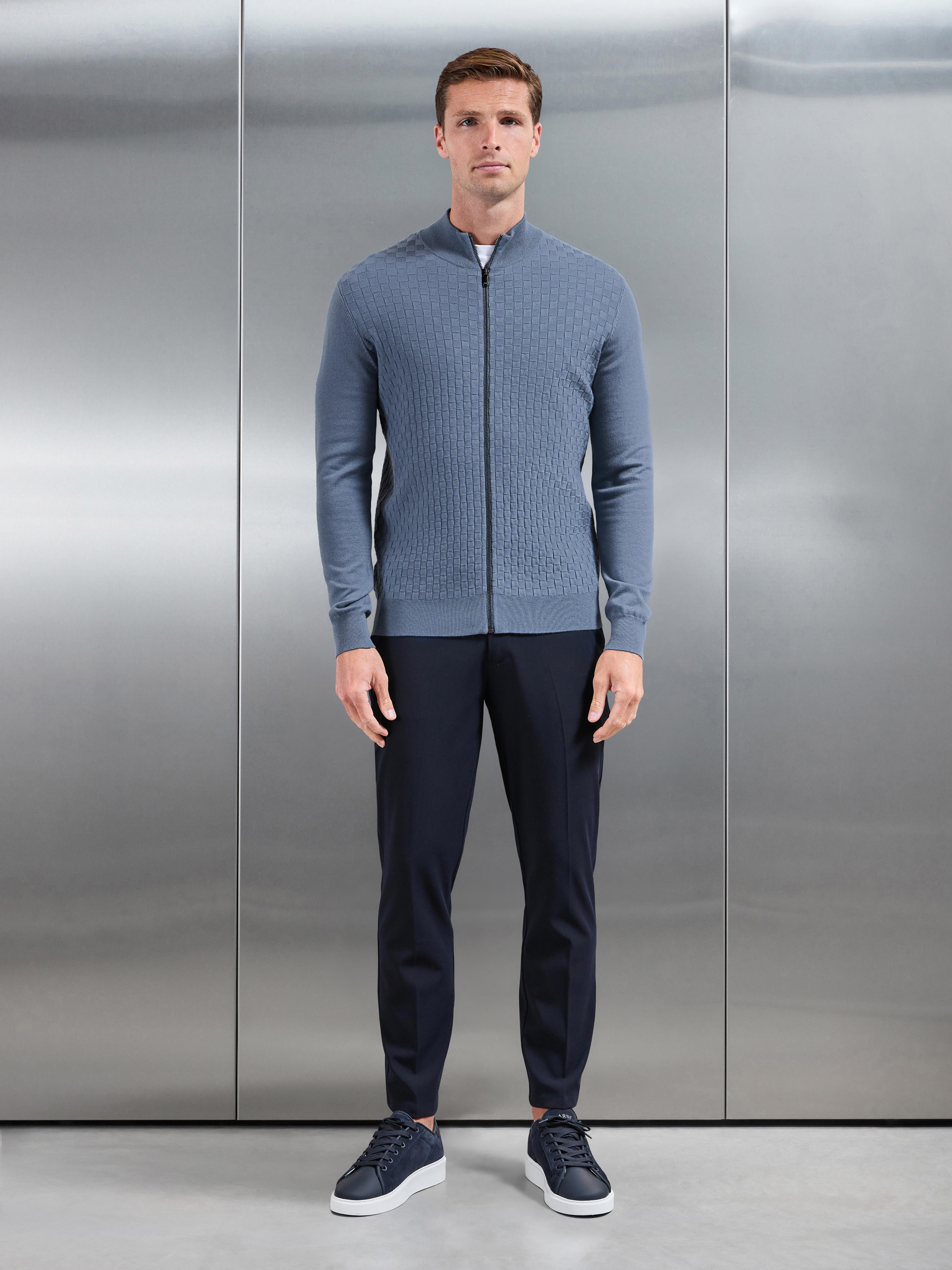 Square Textured Knitted Zip Jacket in Steel Blue