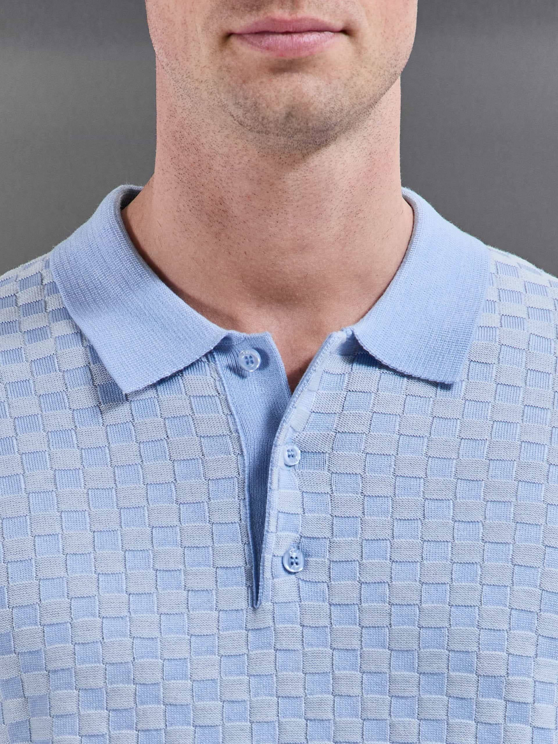 Square Contrast Textured Polo Shirt in Light Blue