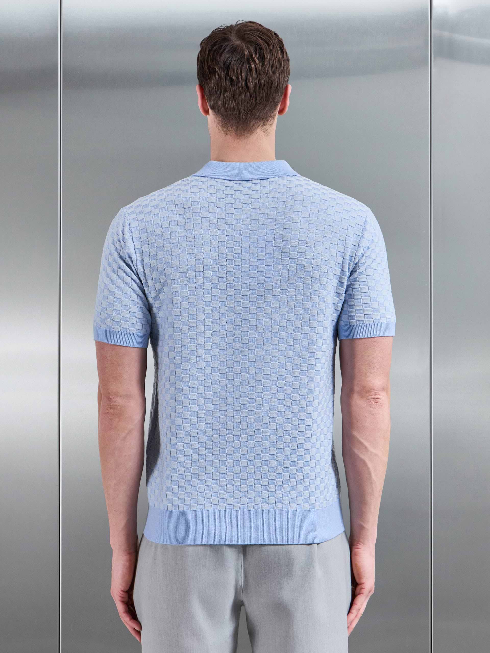 Square Contrast Textured Polo Shirt in Light Blue