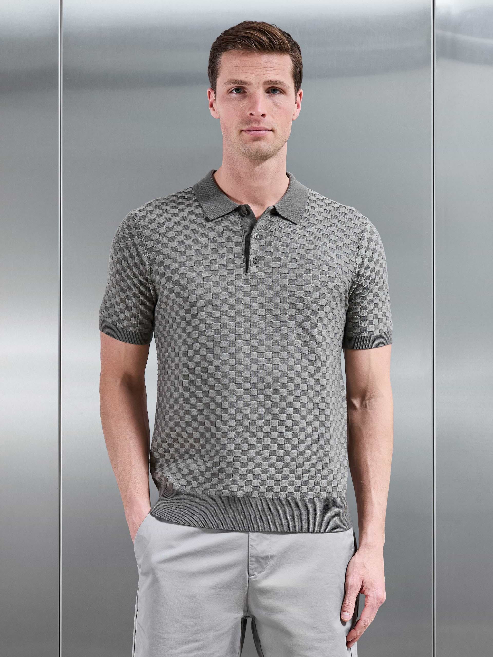 Square Contrast Textured Polo Shirt in Sage