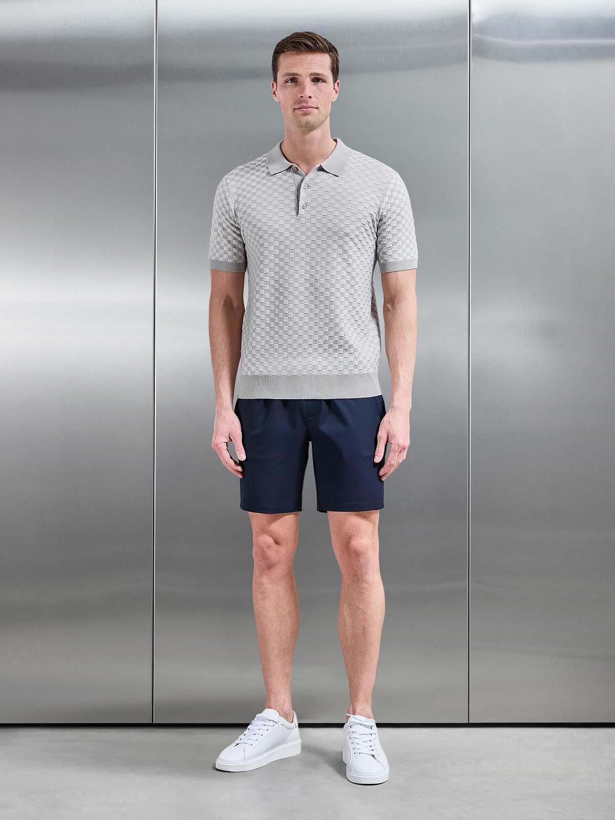 Square Contrast Textured Polo Shirt in Stone | ARNE UK
