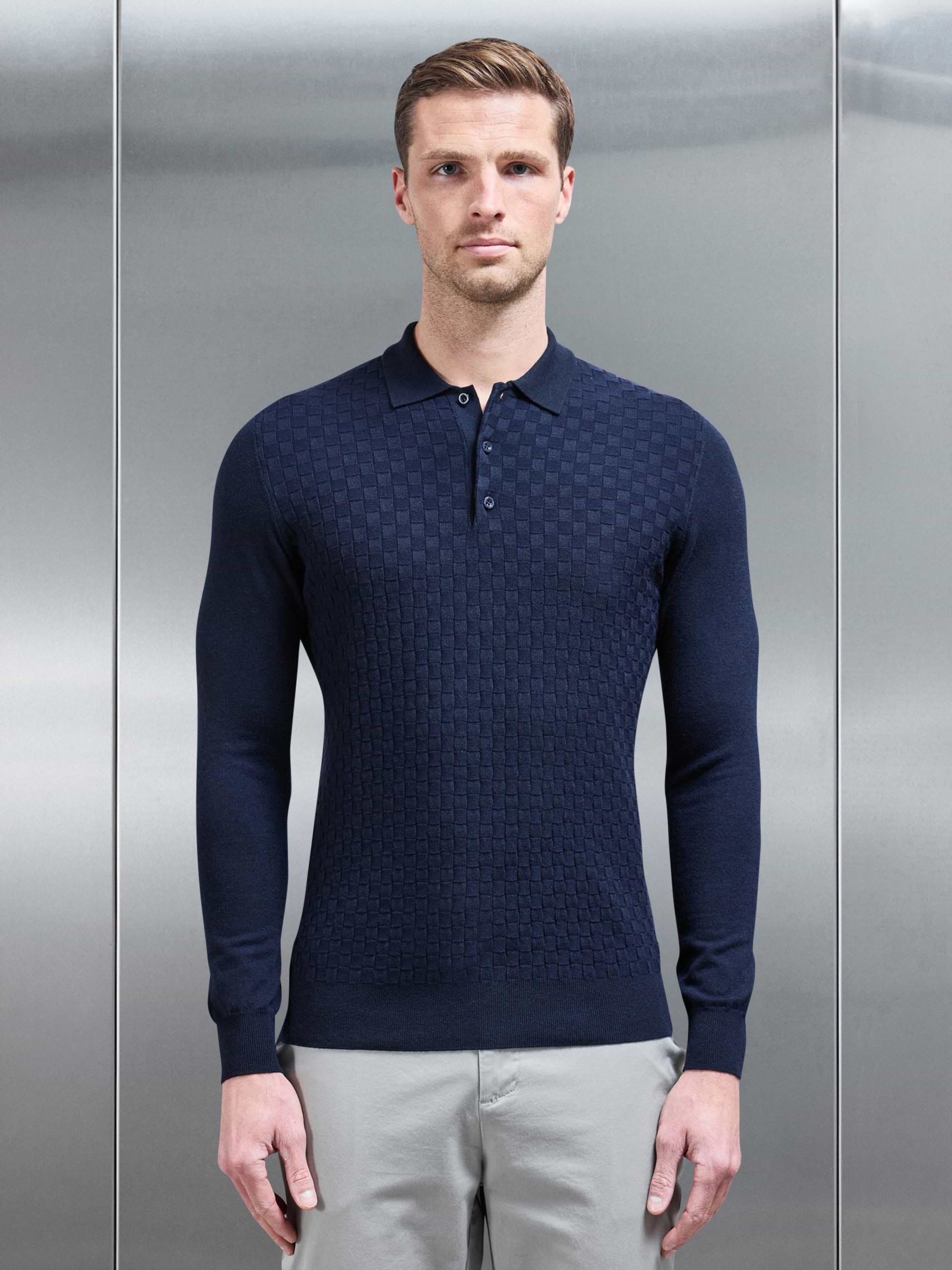 Square Textured Long Sleeve Button Polo Shirt in Navy