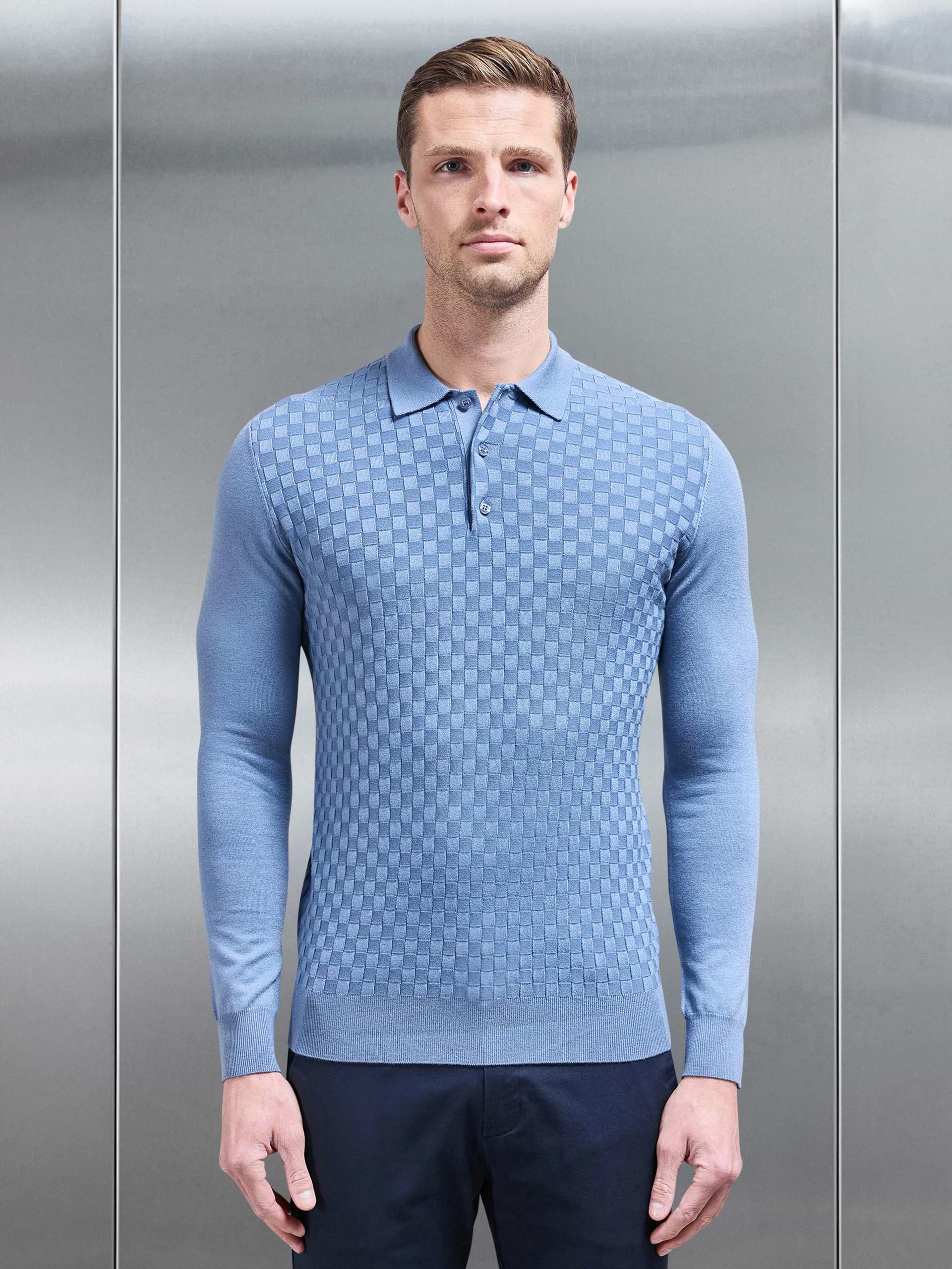 Square Textured Long Sleeve Button Polo Shirt in Silk Blue