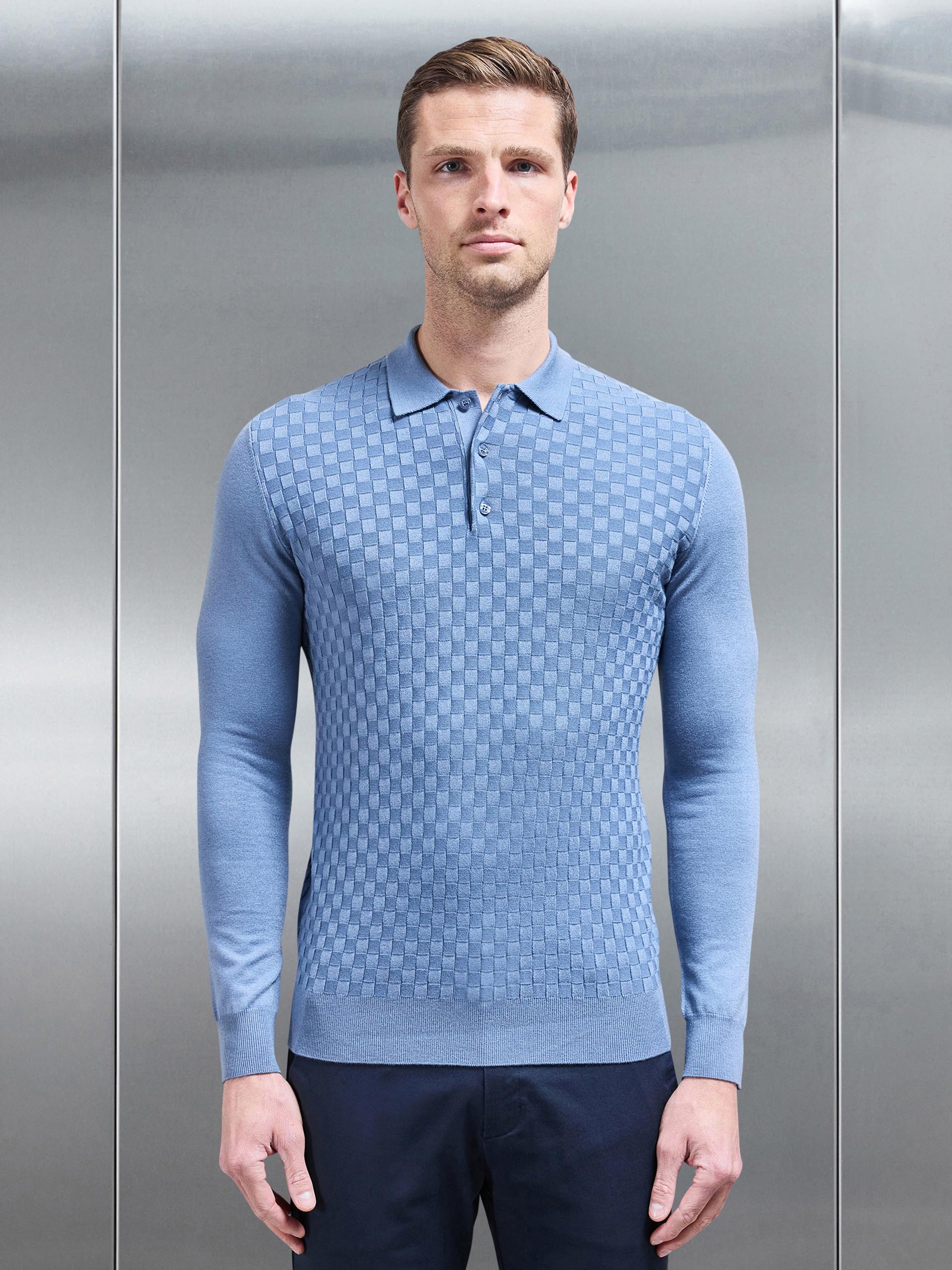Square Textured Long Sleeve Button Polo Shirt in Silk Blue