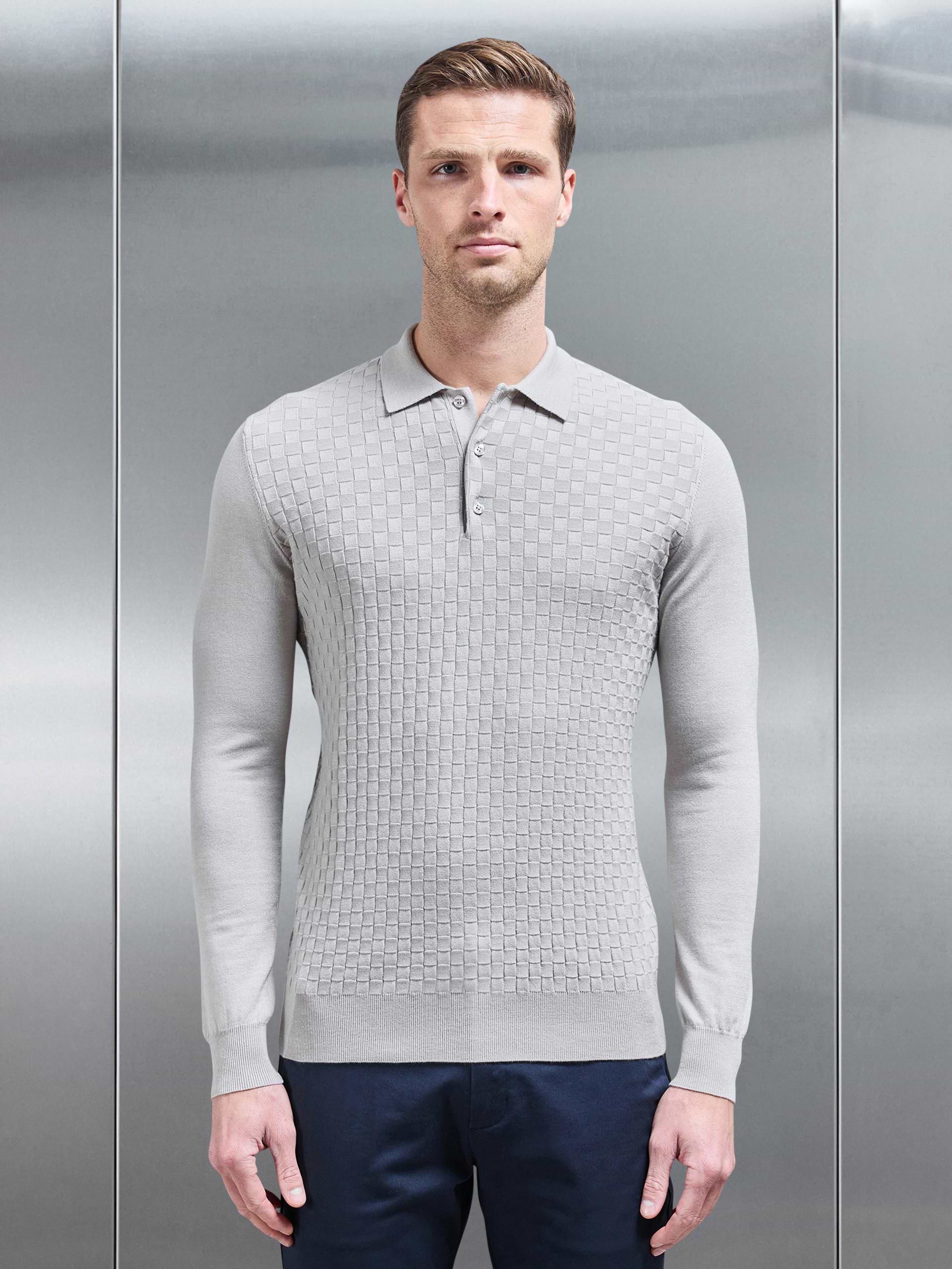 Square Textured Long Sleeve Button Polo Shirt in Stone