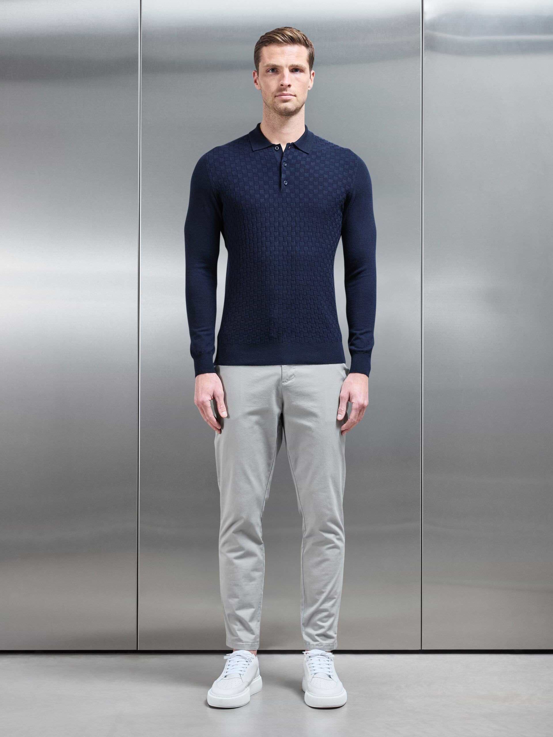 Square Textured Long Sleeve Button Polo Shirt in Navy