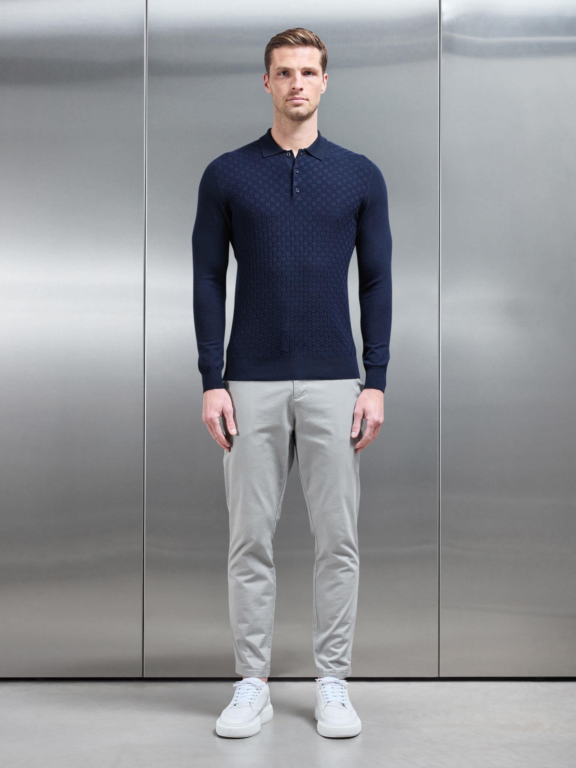 Square Textured Long Sleeve Button Polo Shirt in Navy