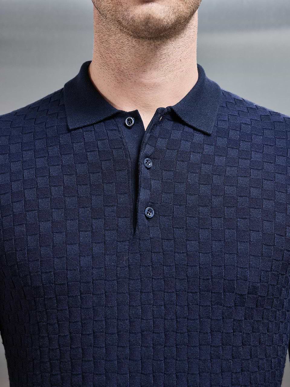 Square Textured Long Sleeve Button Polo Shirt in Navy