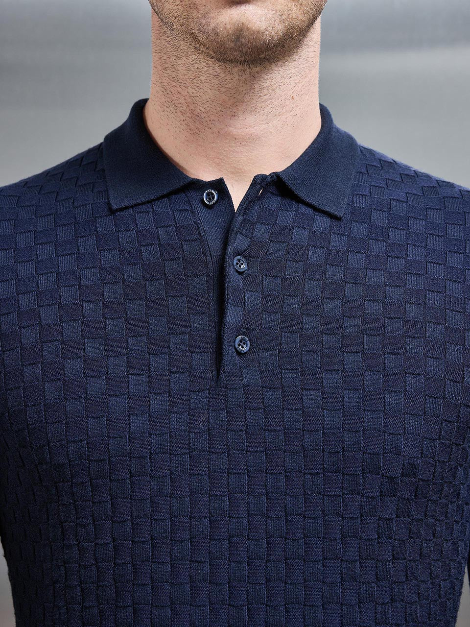 Square Textured Long Sleeve Button Polo Shirt in Navy