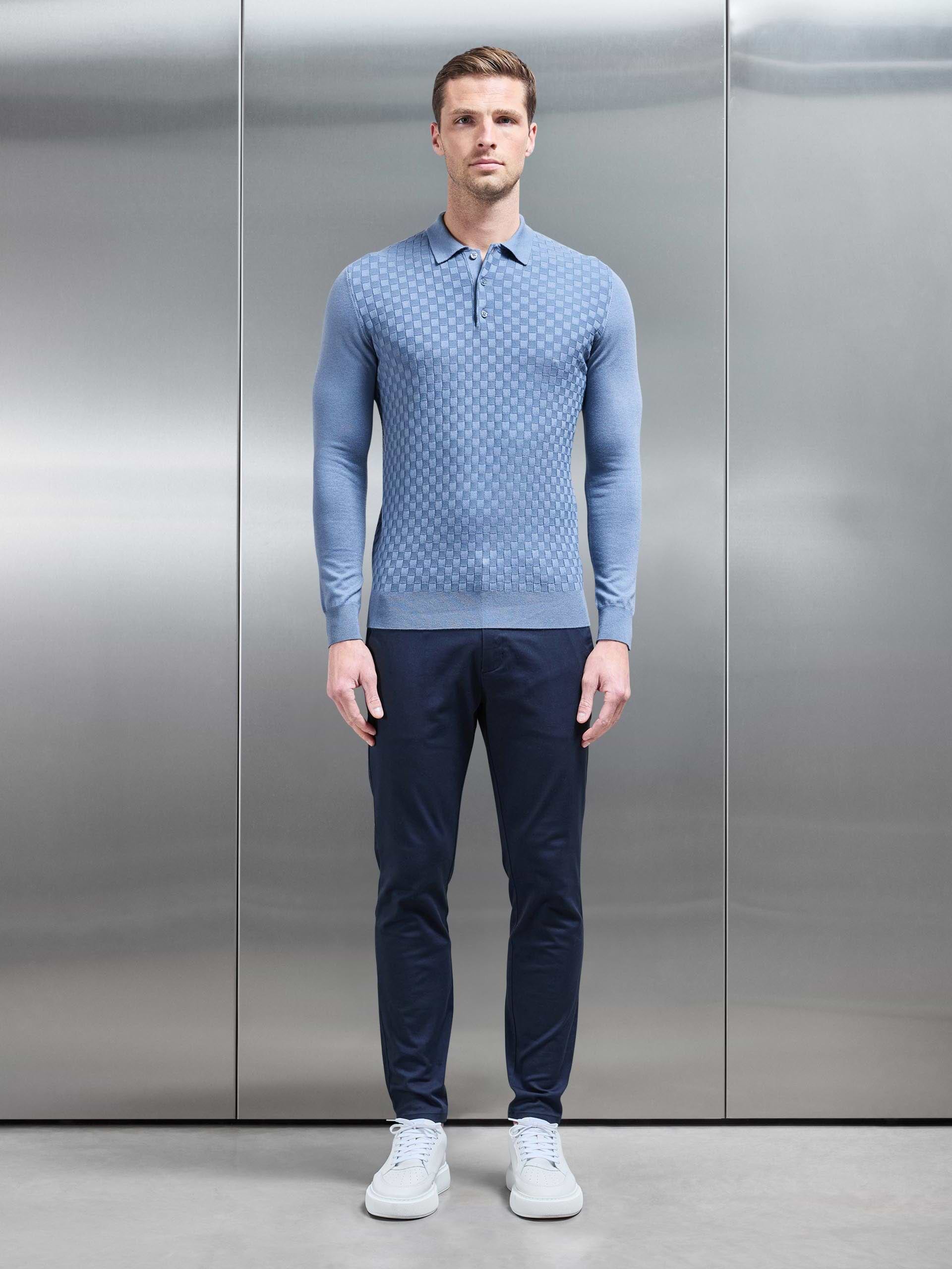 Square Textured Long Sleeve Button Polo Shirt in Silk Blue