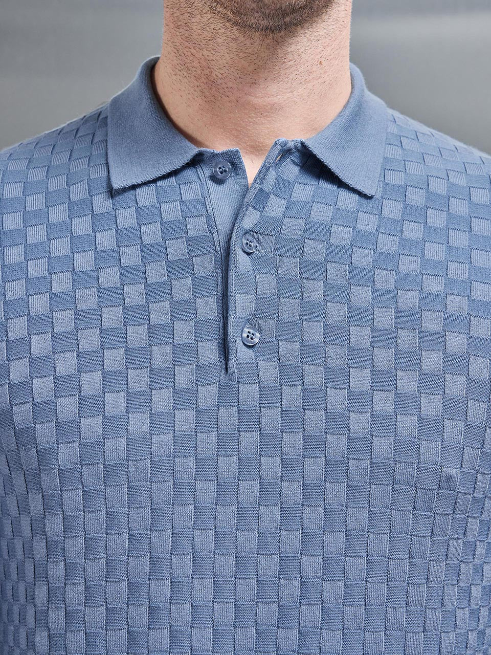 Square Textured Long Sleeve Button Polo Shirt in Silk Blue