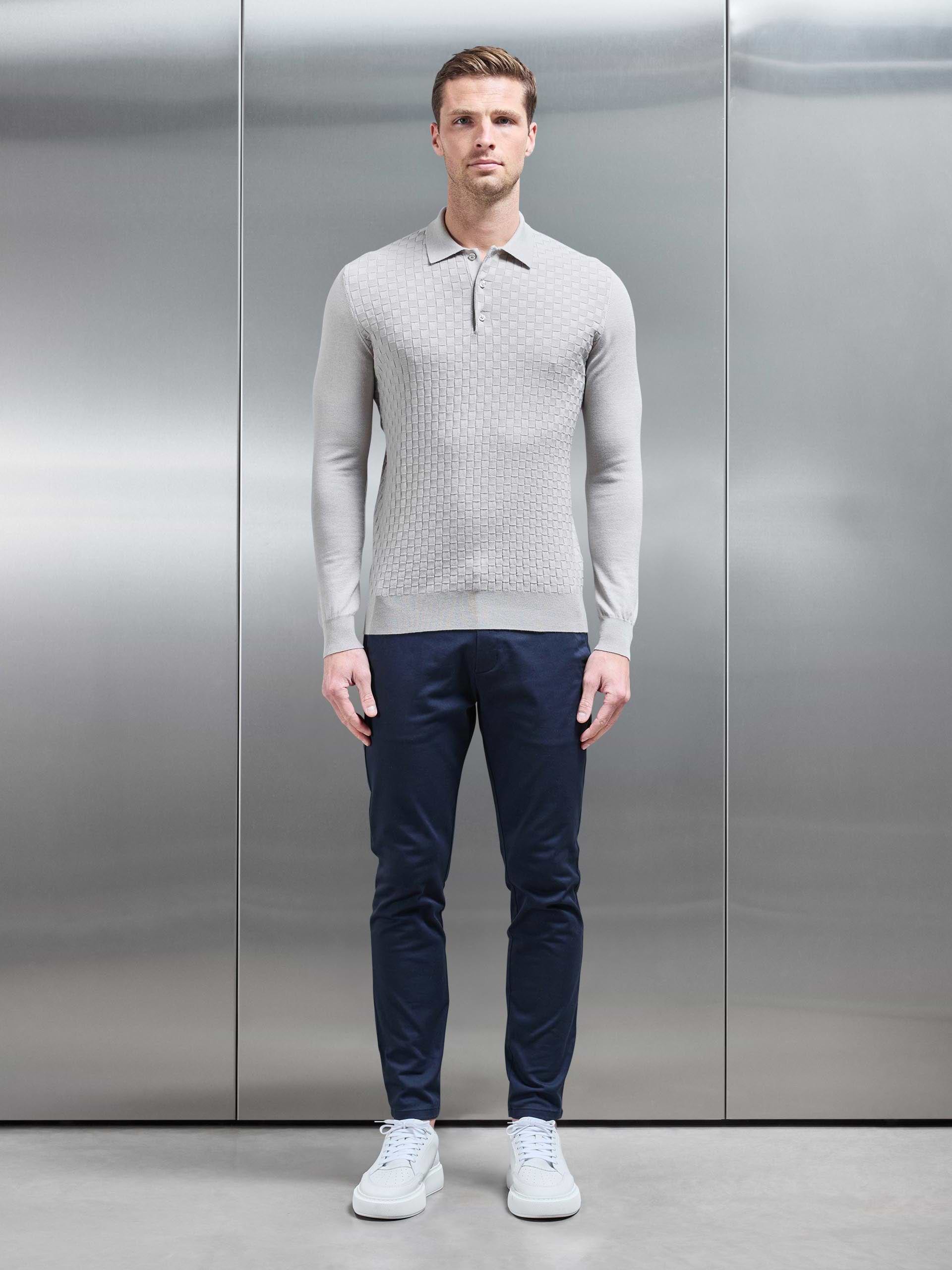 Square Textured Long Sleeve Button Polo Shirt in Stone