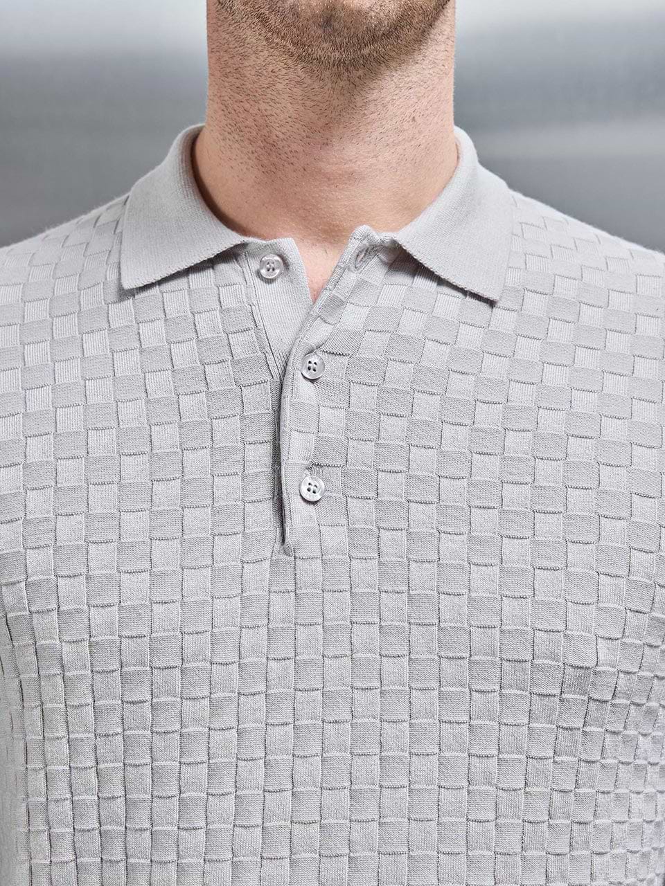 Square Textured Long Sleeve Button Polo Shirt in Stone