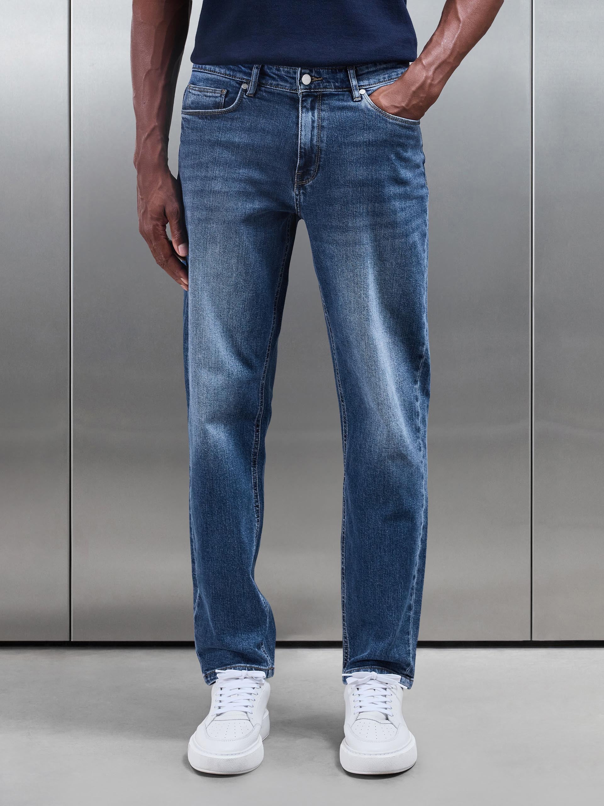 Straight Leg Denim Jeans in Mid Blue