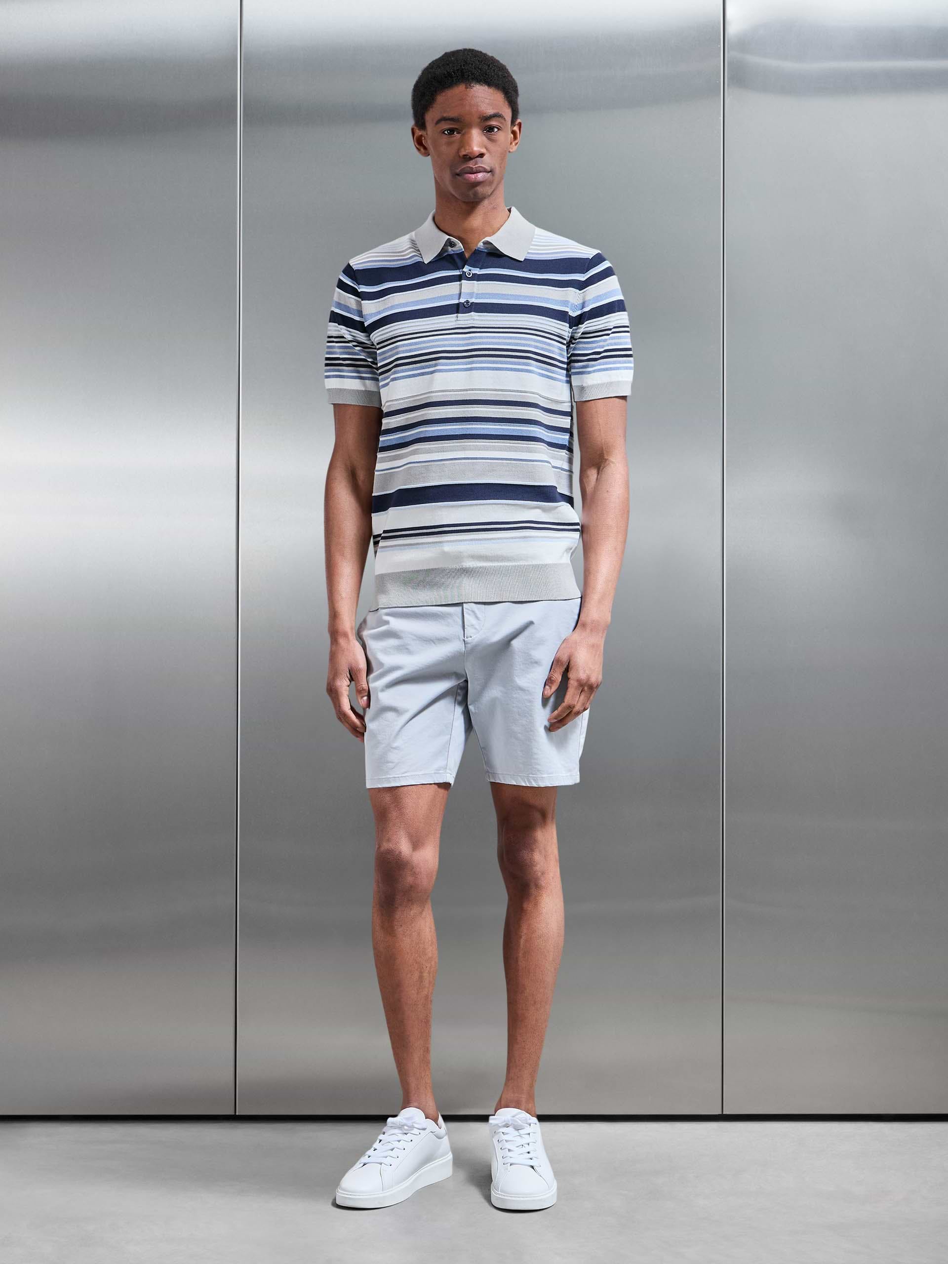 Stripe Knitted Polo Shirt in Steel Blue