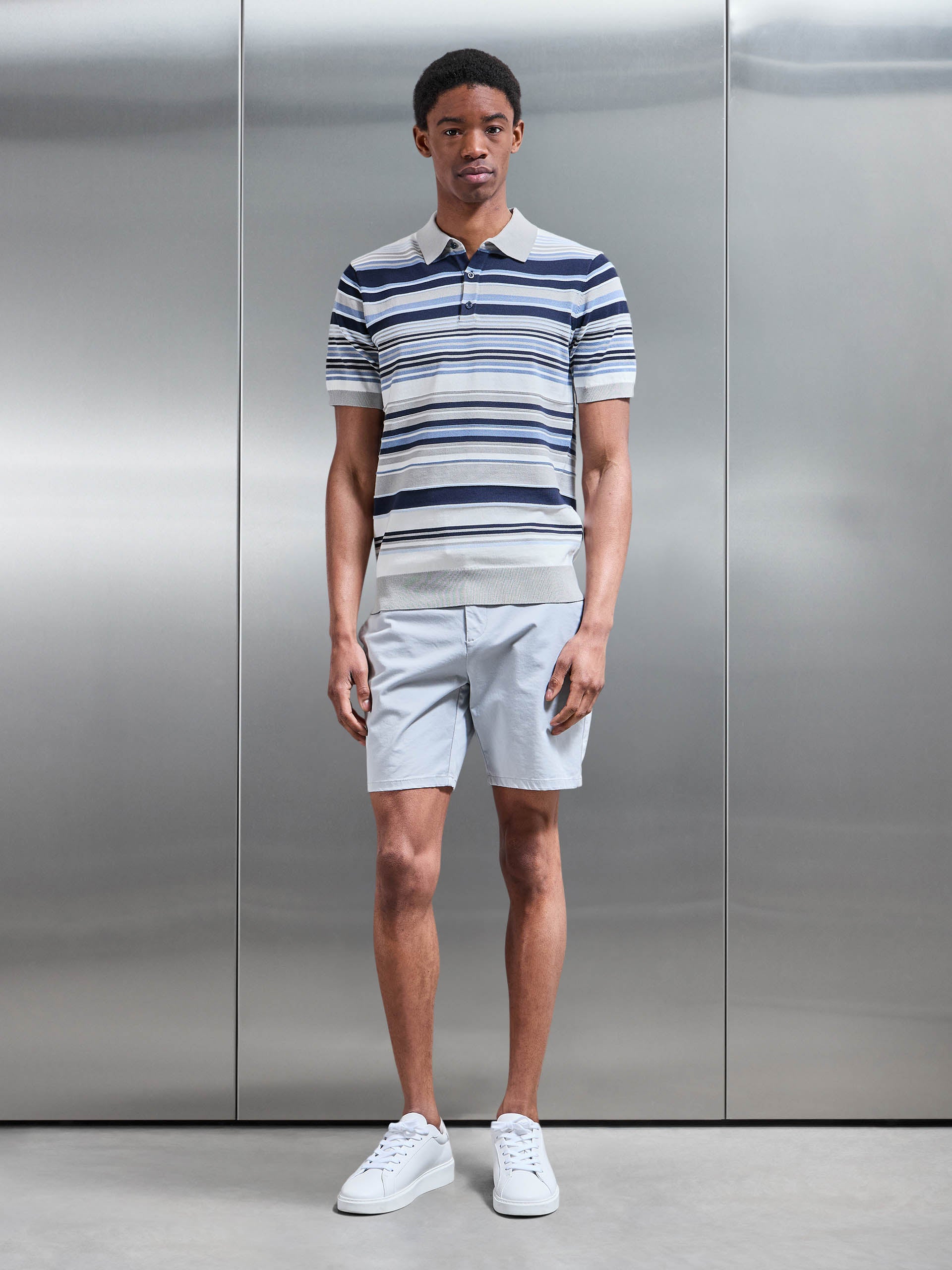 Stripe Knitted Polo Shirt in Steel Blue
