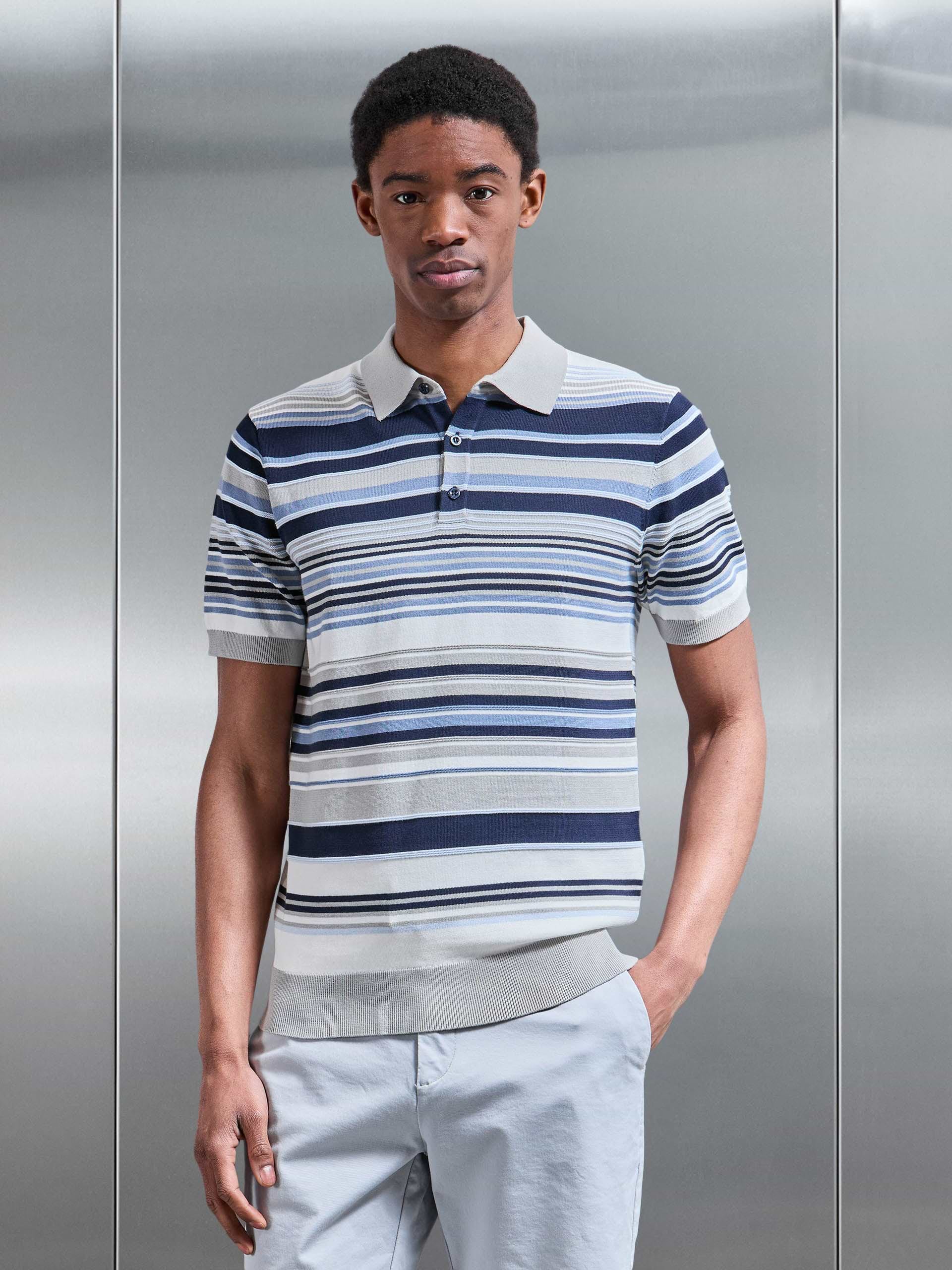 Stripe Knitted Polo Shirt in Steel Blue