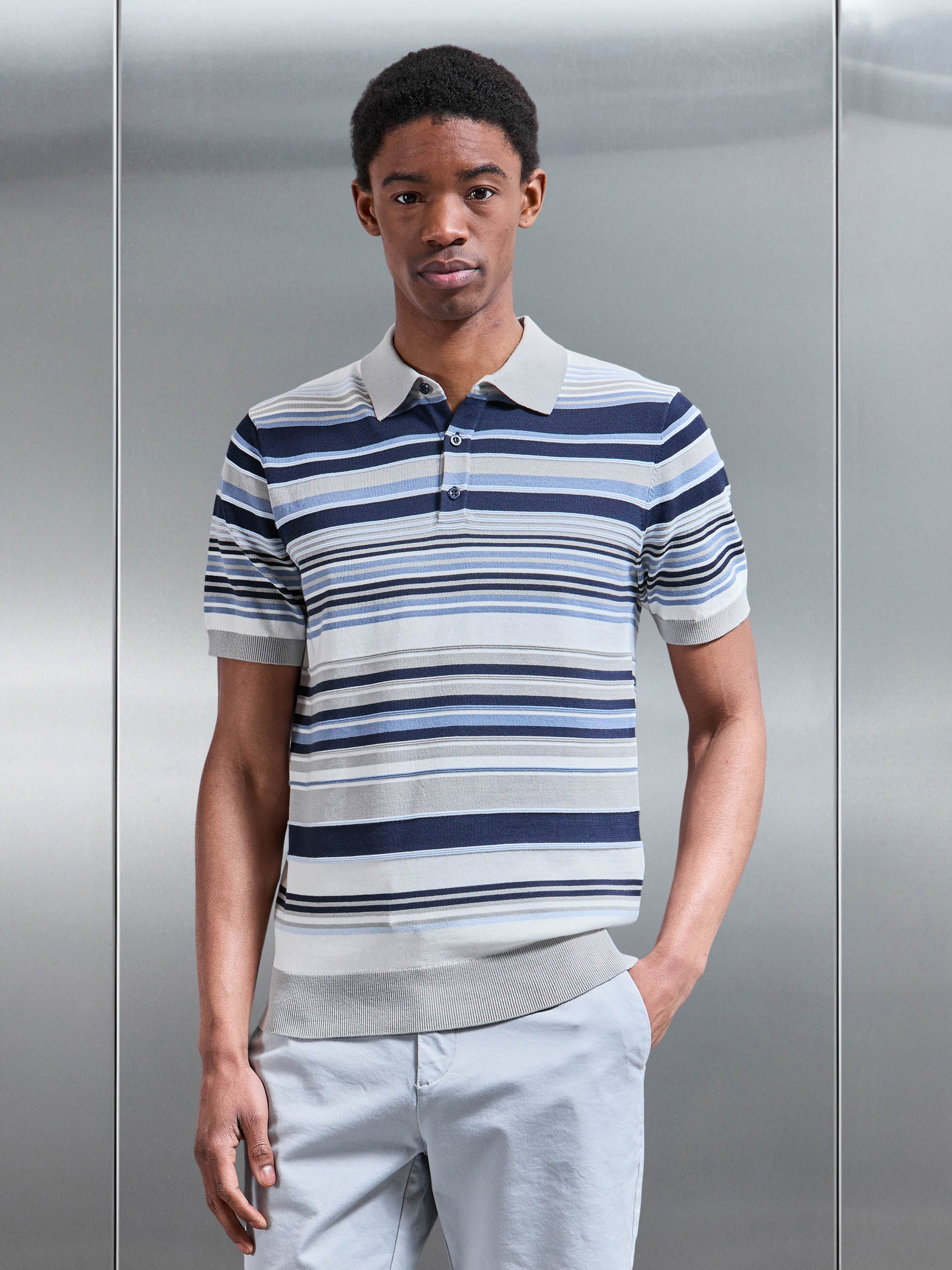 Stripe Knitted Polo Shirt in Steel Blue