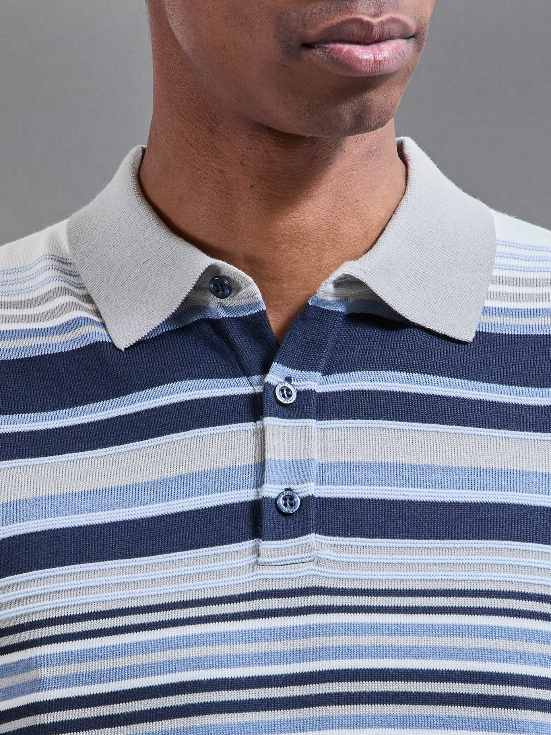 Stripe Knitted Polo Shirt in Steel Blue