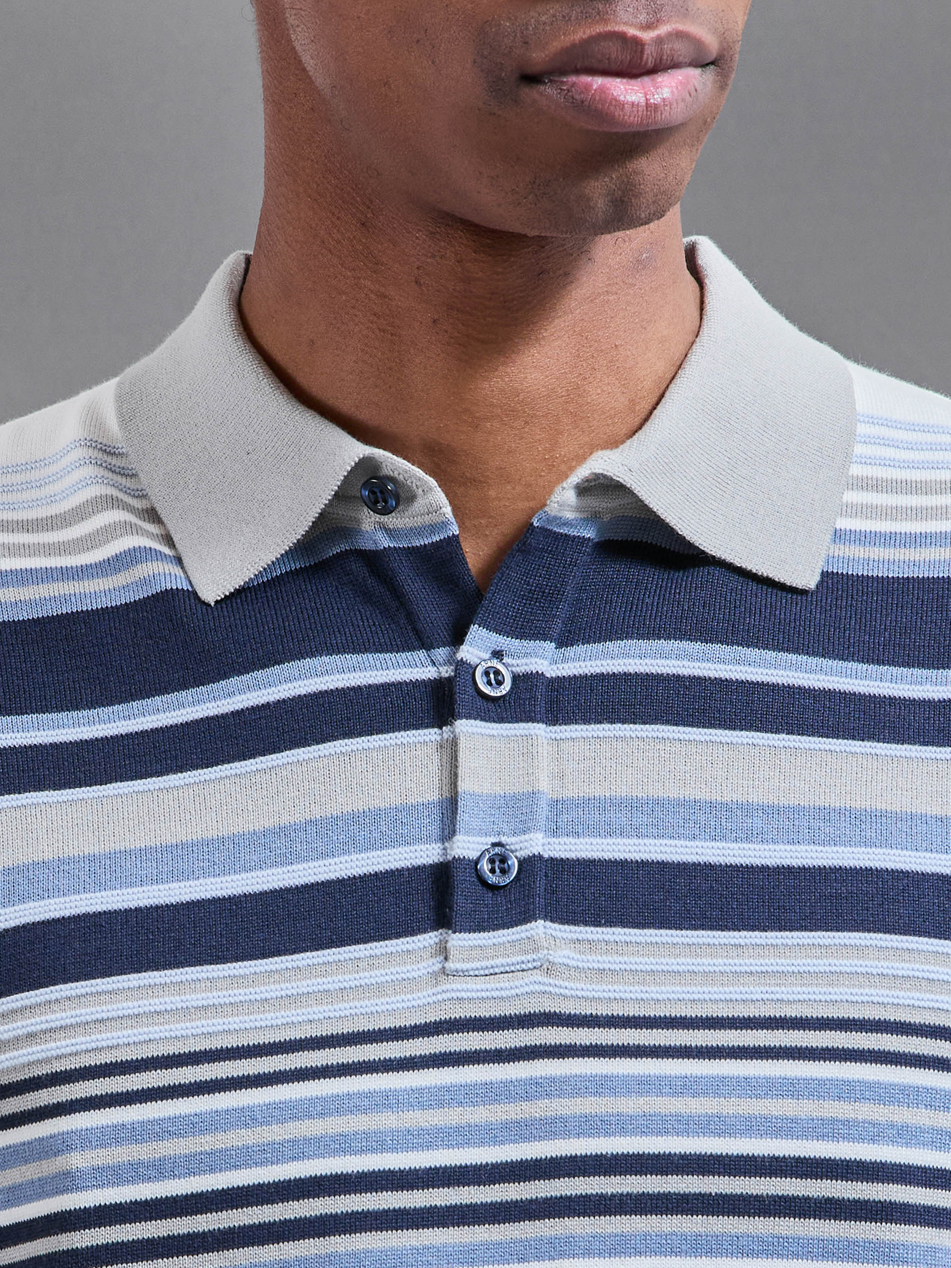 Stripe Knitted Polo Shirt in Steel Blue