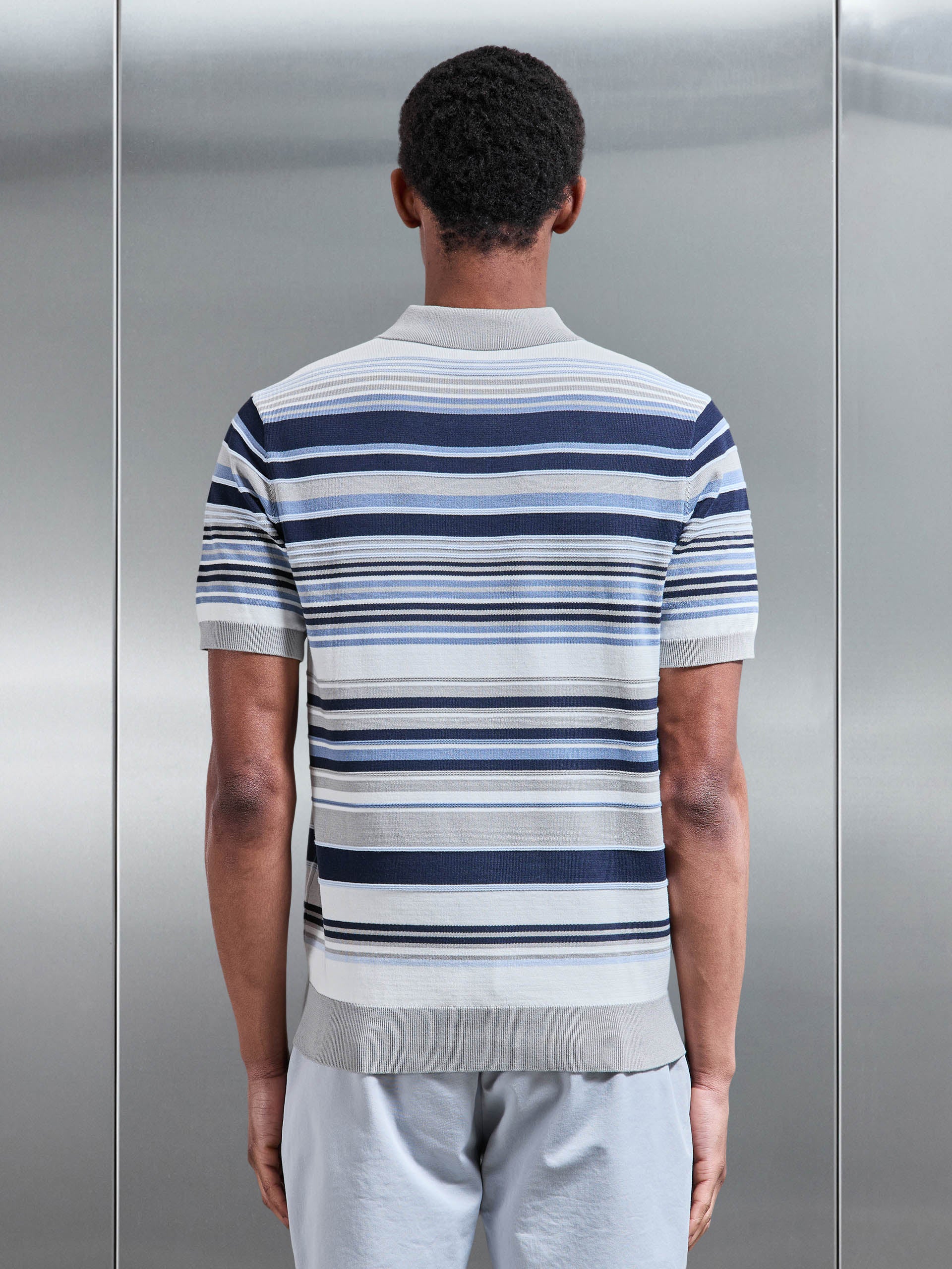 Stripe Knitted Polo Shirt in Steel Blue