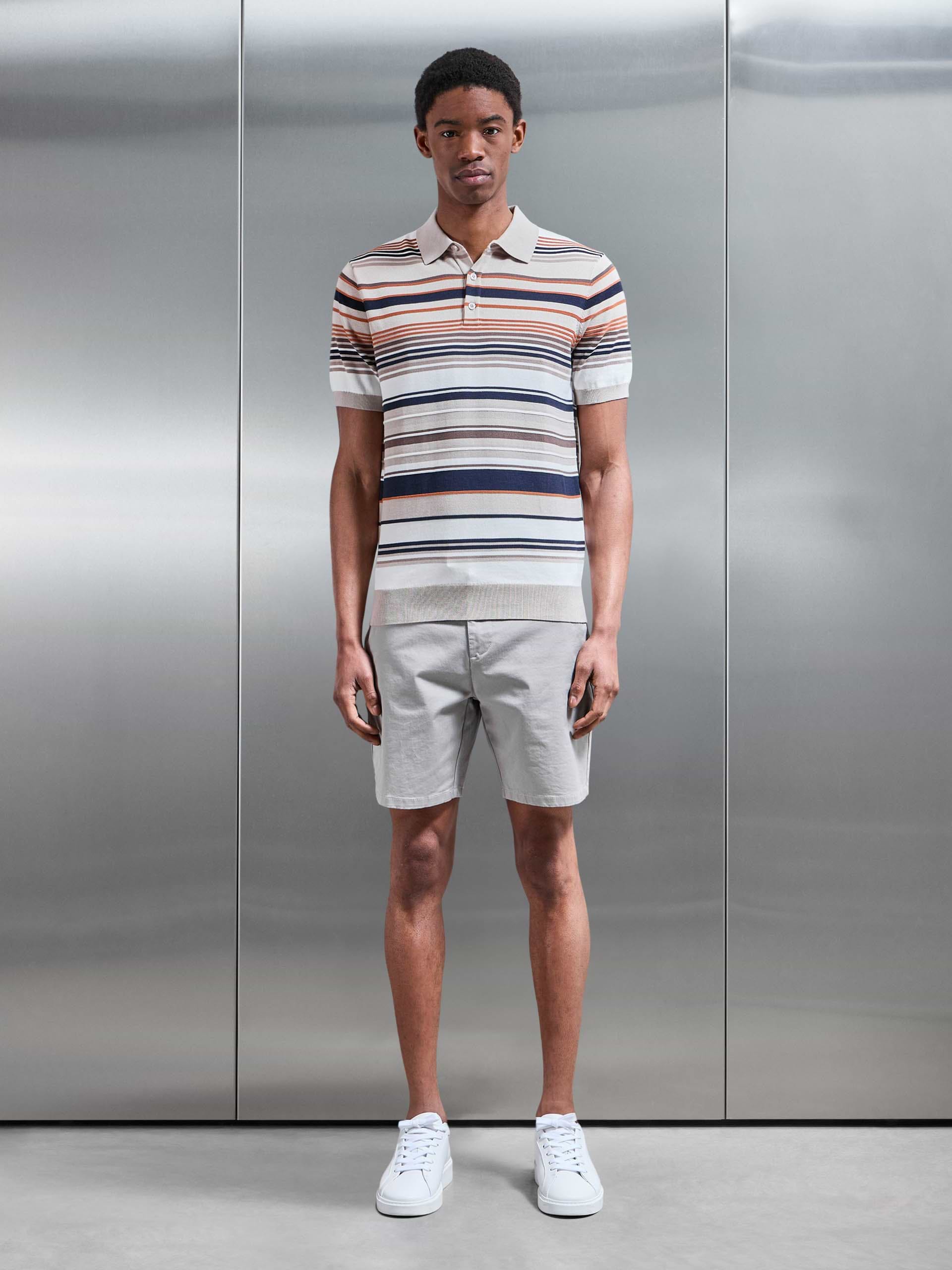 Stripe Knitted Polo Shirt in Stone