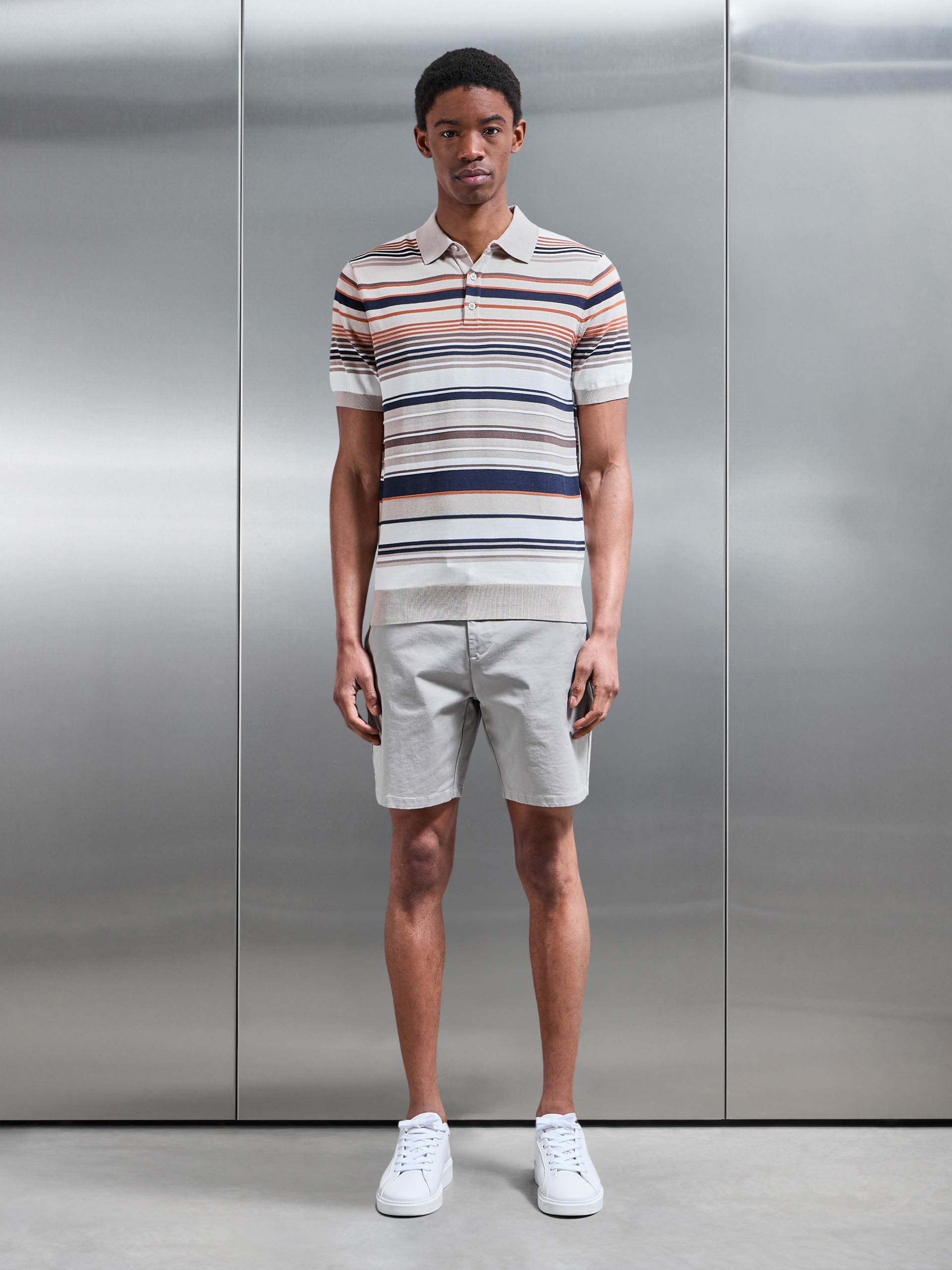 Stripe Knitted Polo Shirt in Stone
