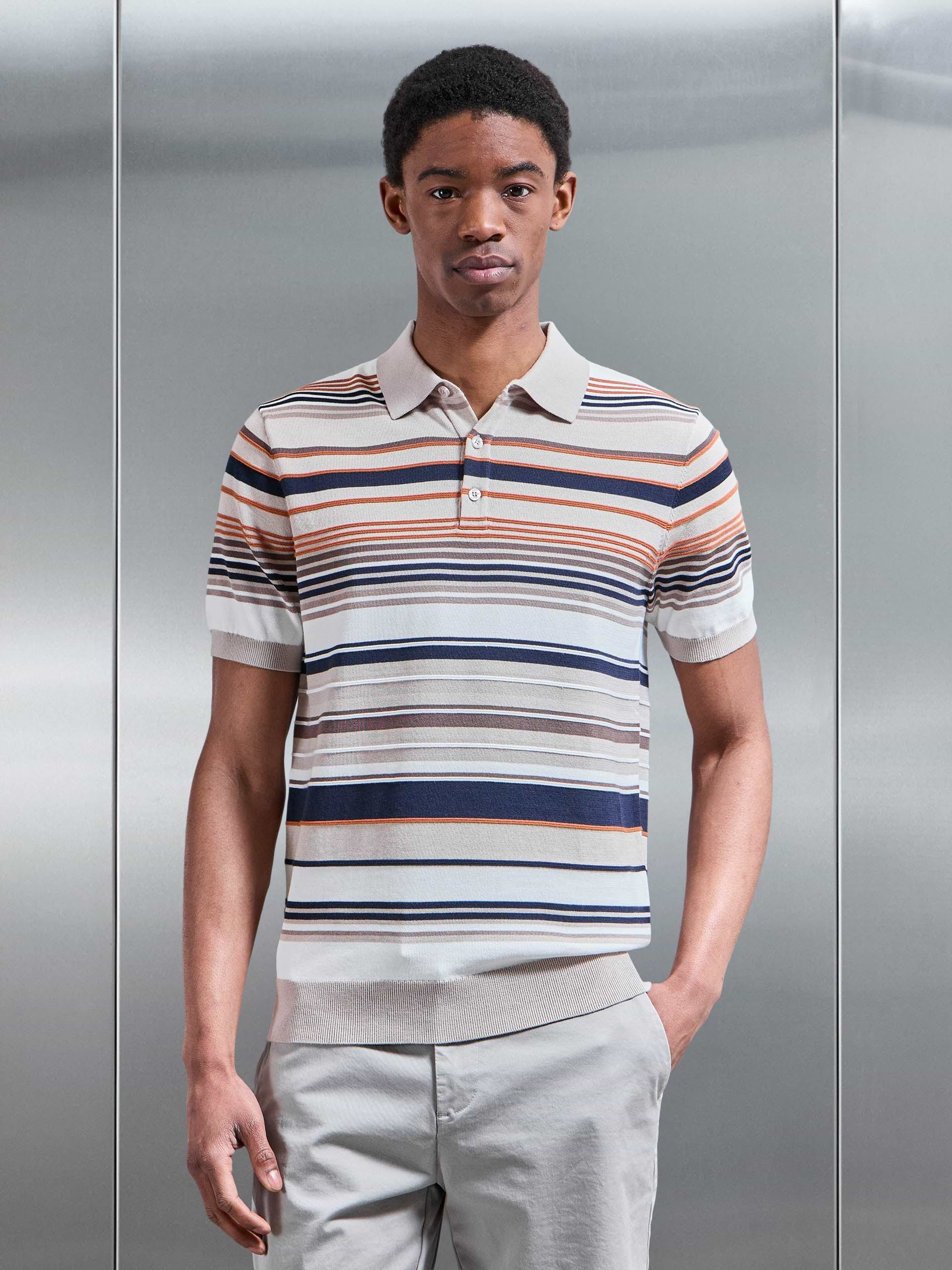 Stripe Knitted Polo Shirt in Stone