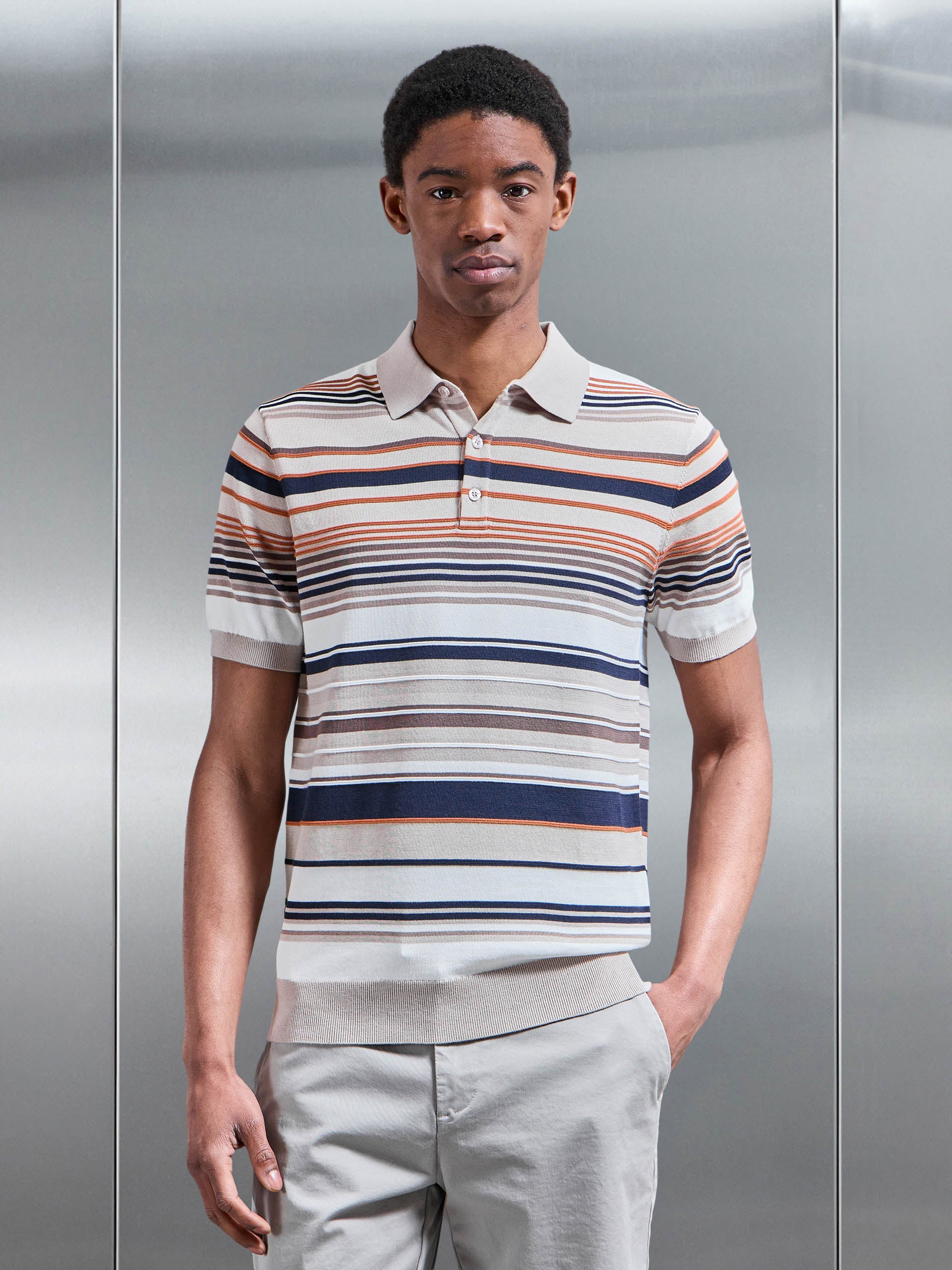Stripe Knitted Polo Shirt in Stone