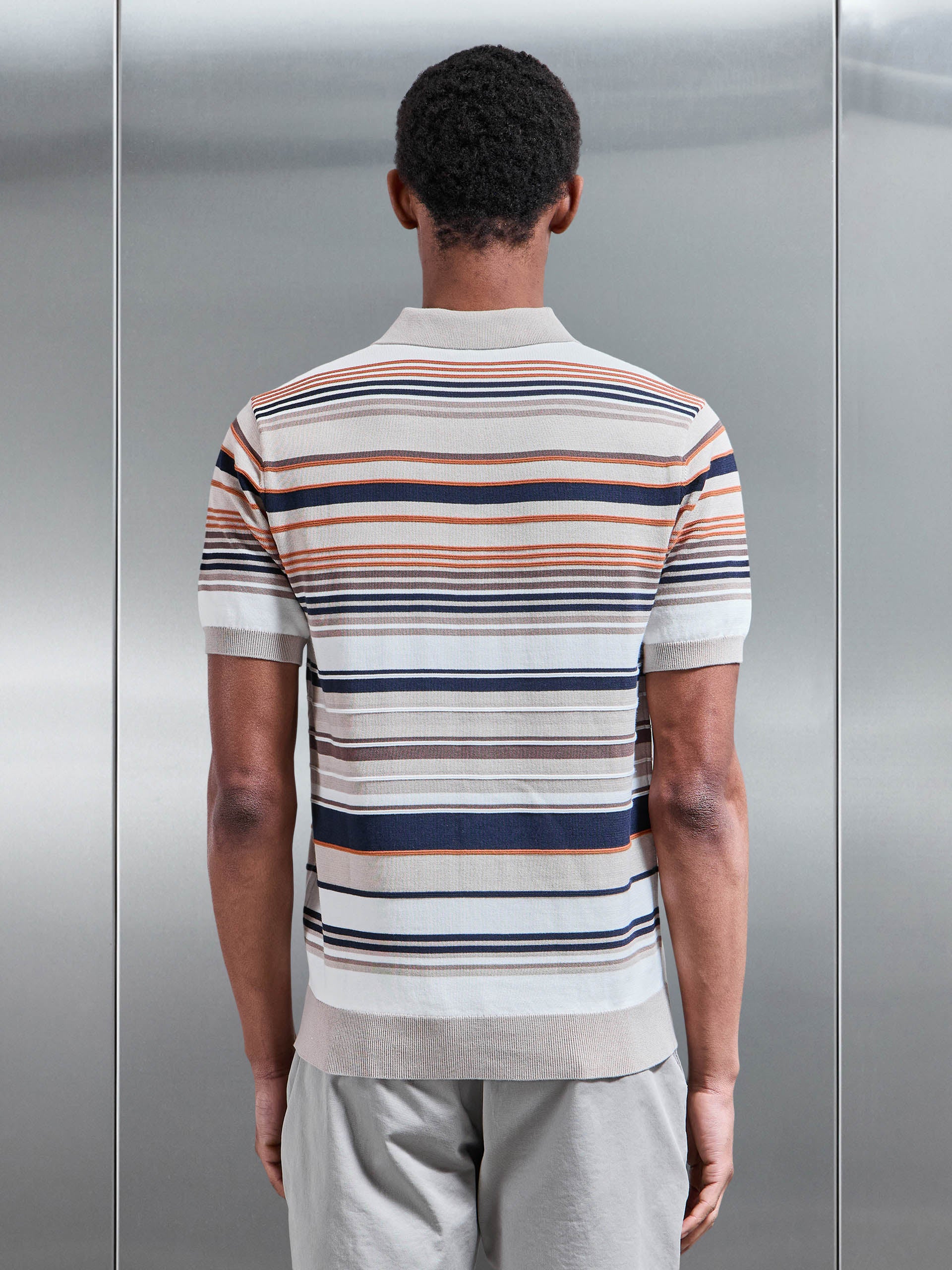 Stripe Knitted Polo Shirt in Stone