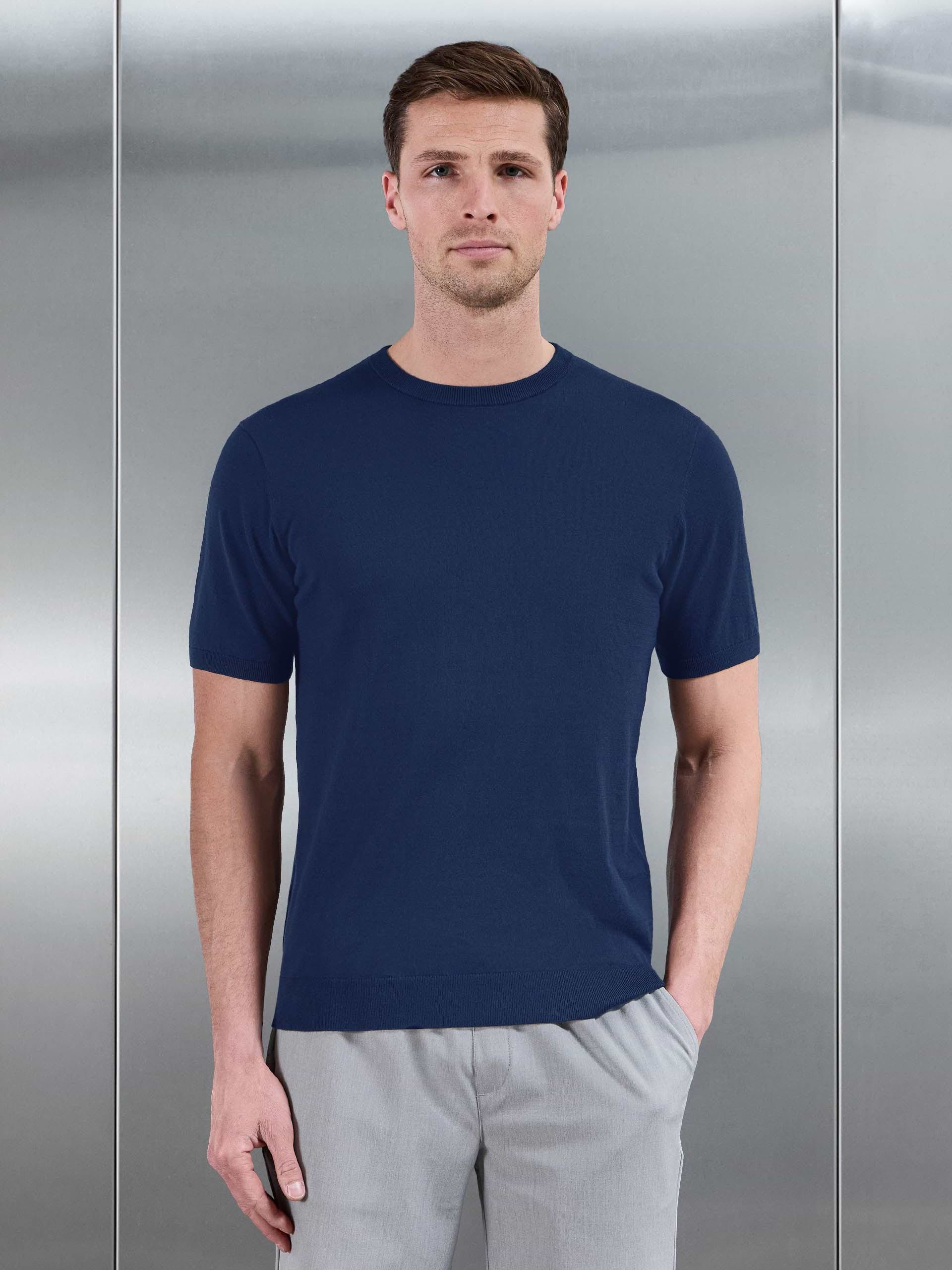 Summer Cotton Knitted T-Shirt in Navy