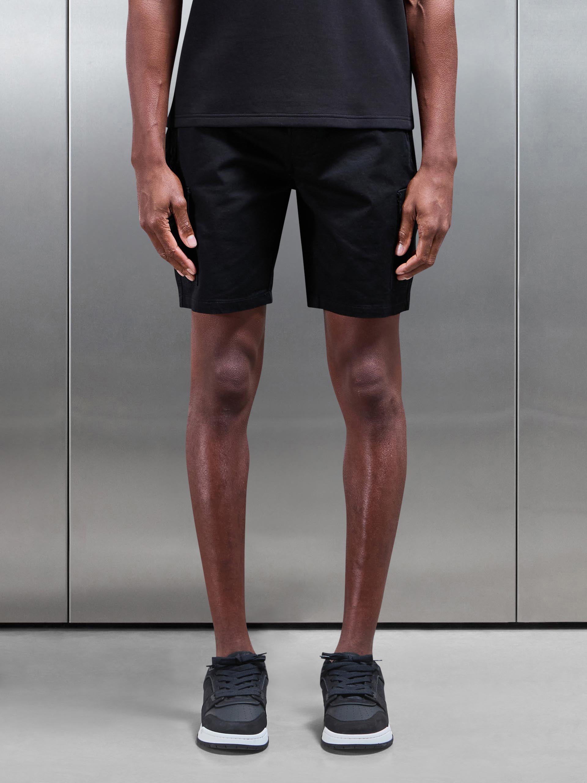 Cotton Drawstring Cargo Short in Black