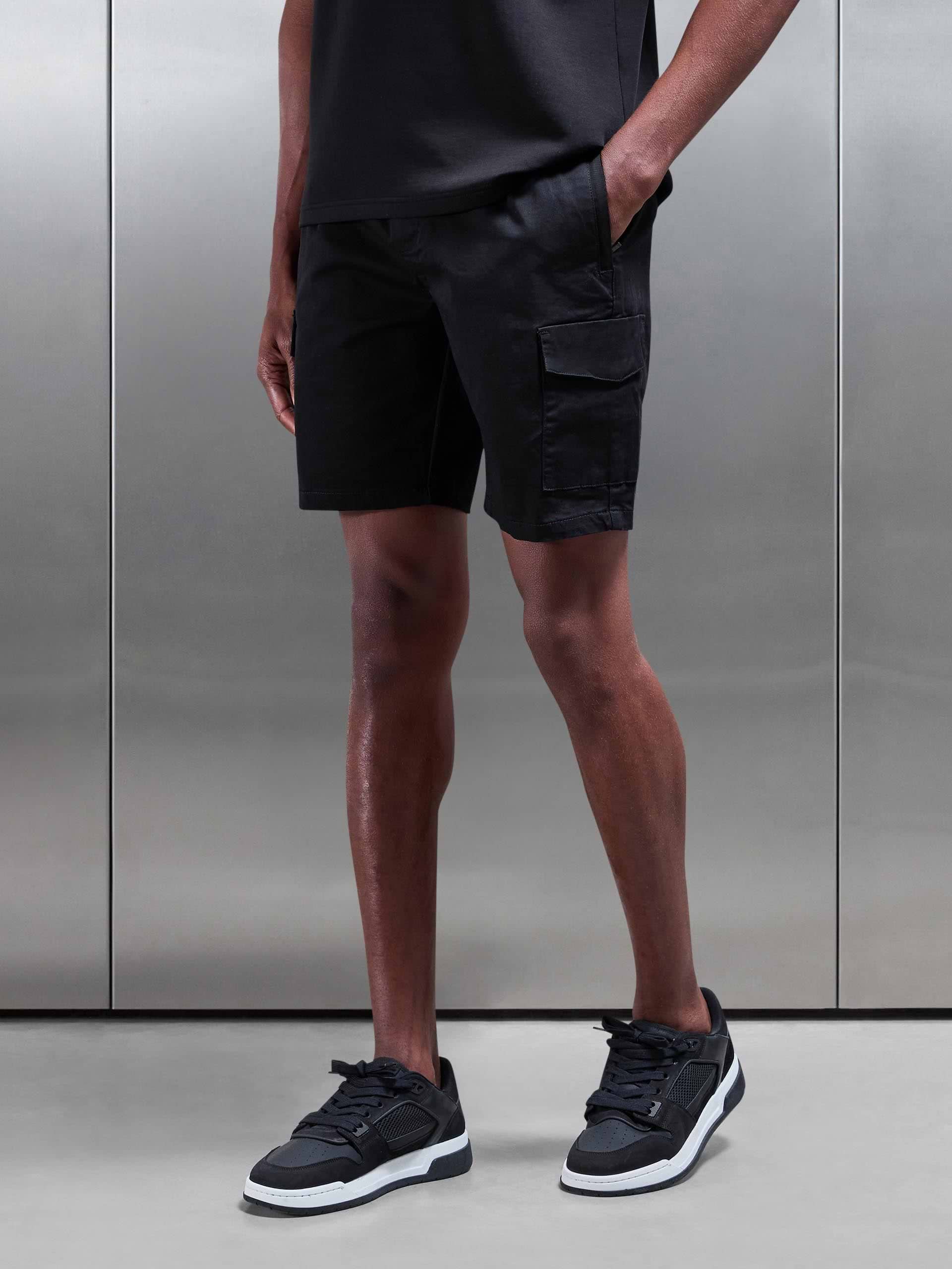 Cotton Drawstring Cargo Short in Black