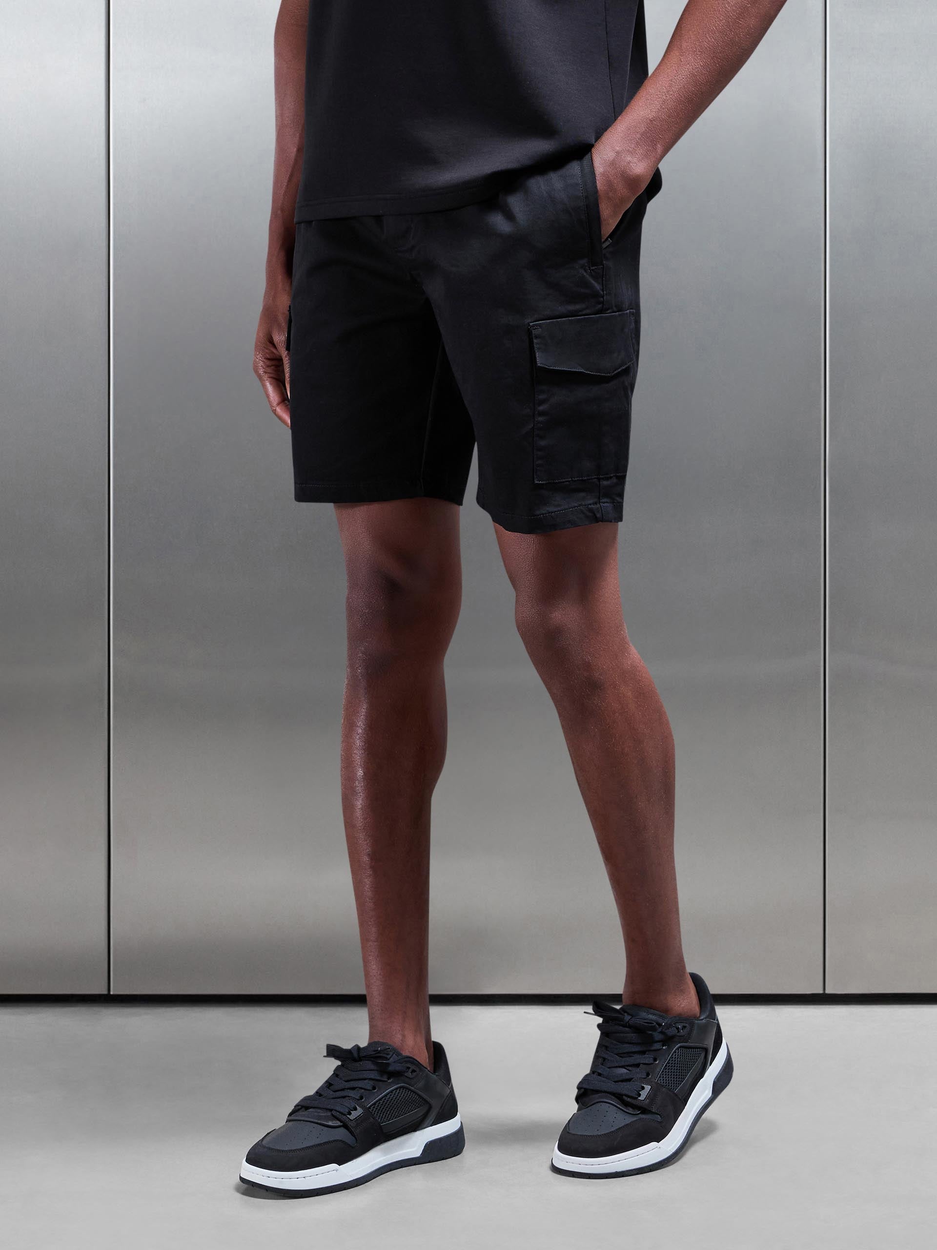 Cotton Drawstring Cargo Short in Black